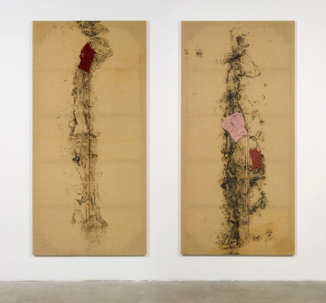 Remembering Selves 1 & 2, Oil  on jute/burlap, 50 X 103 inches each, 2016.  