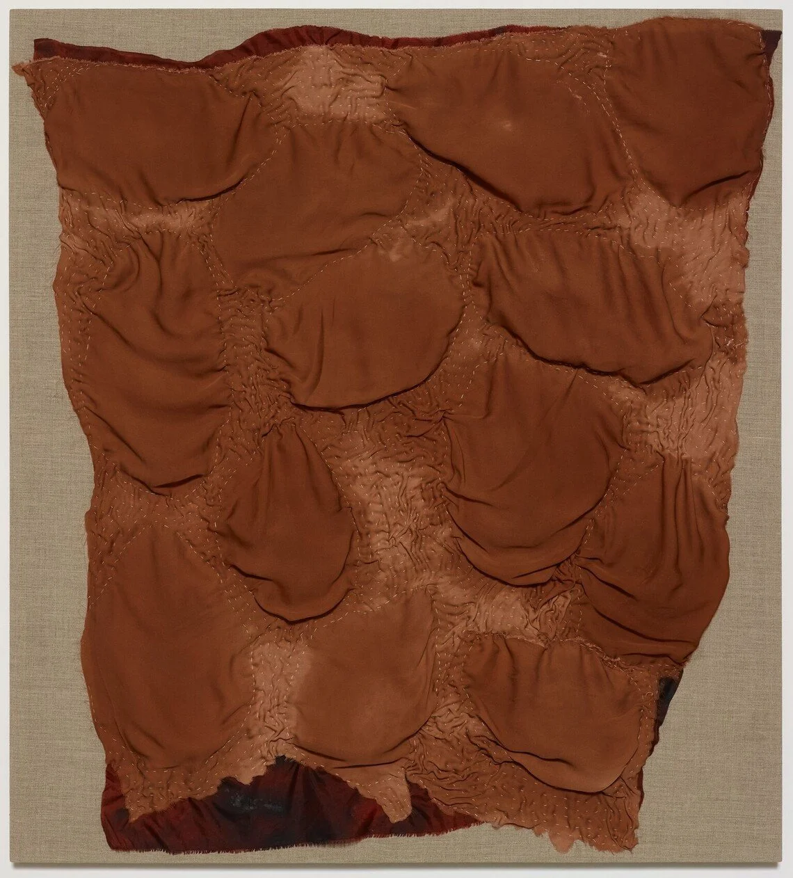 June,  2015.  
Monthlies body of work.  
Dims vary by piece but approx 38" X 40". 
Cocoa butter belly pressings on silk, quilting thread and linen