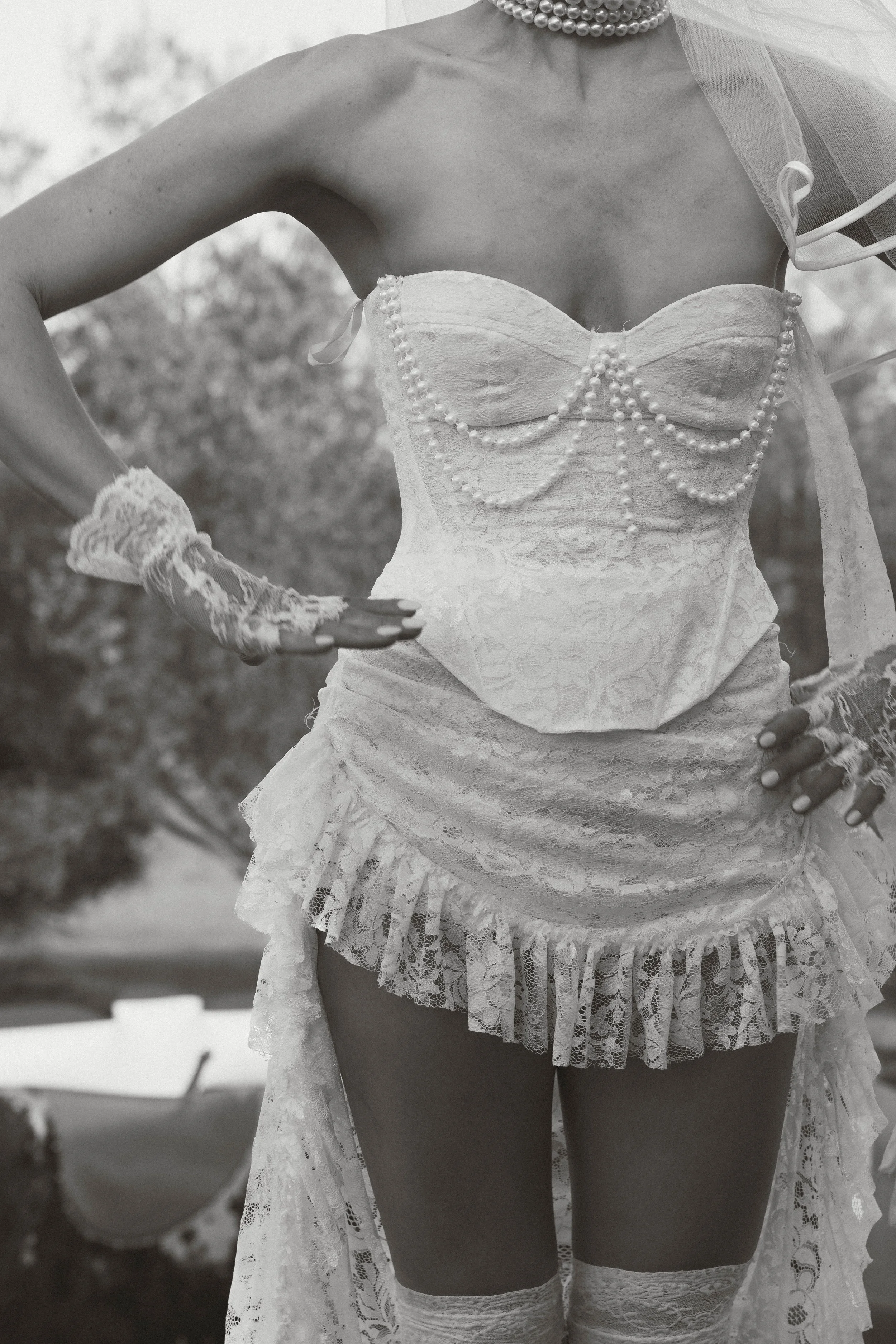 Bride in a lace corset and veil, black and white wedding portrait, Hunter Valley