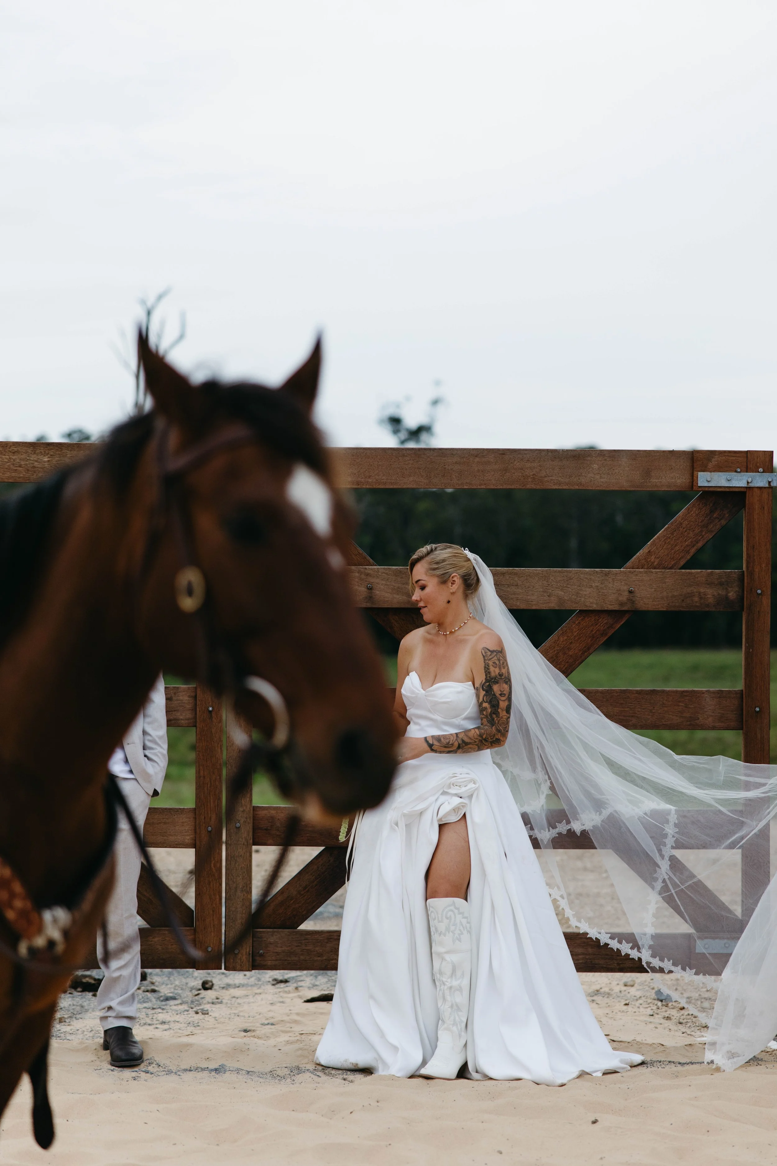 Bride with a horse at a rural Barrington Coast wedding, NSW