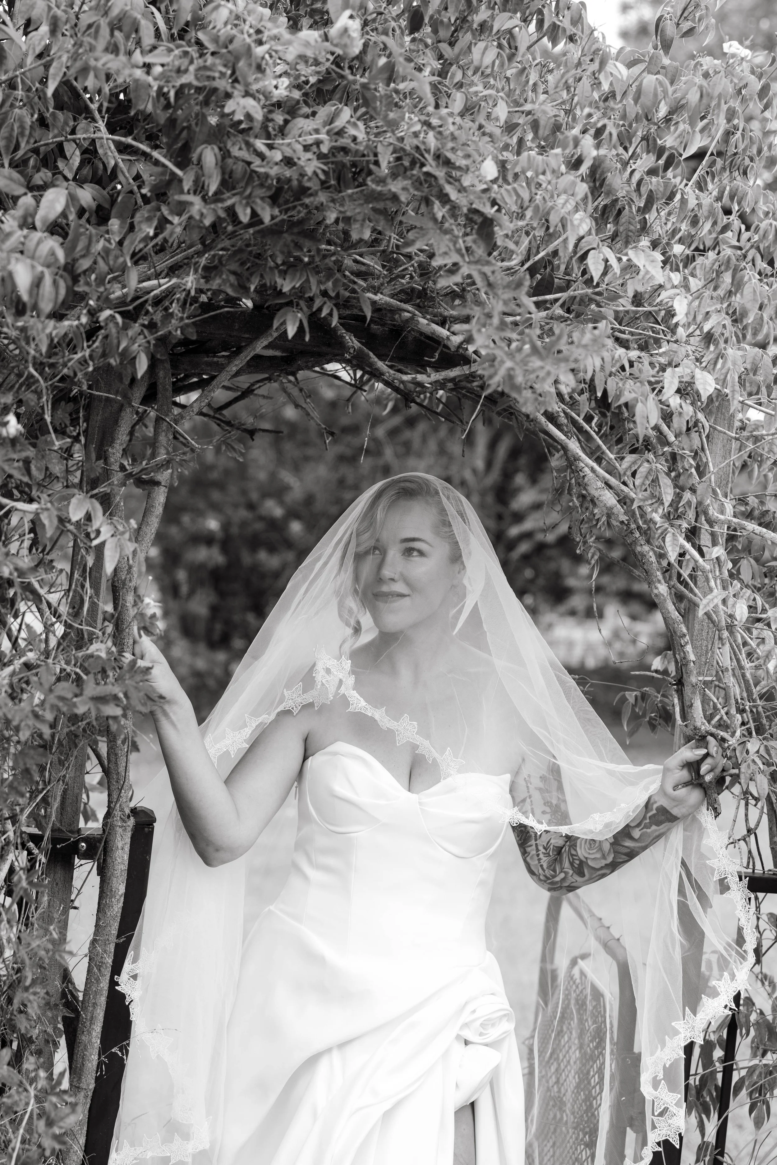 Bride in her veil beneath a canopy of branches, Barrington Coast wedding, NSW
