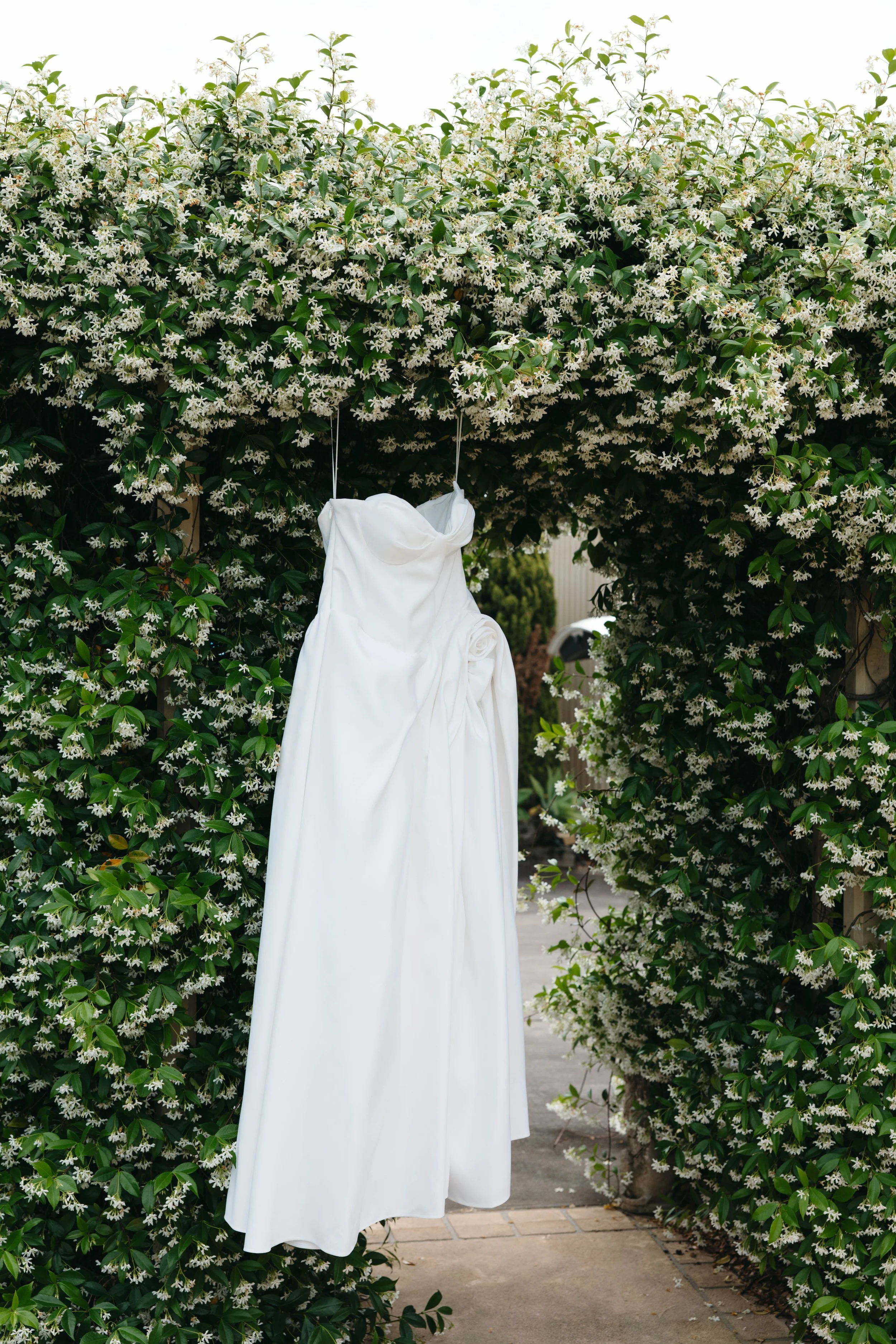 Wedding dress hanging against a flowering hedge, Pacific Palms wedding
