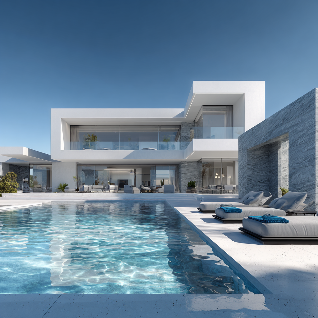 Une maison moderne avec une piscine extérieure, des chaises longues et un ciel clair.