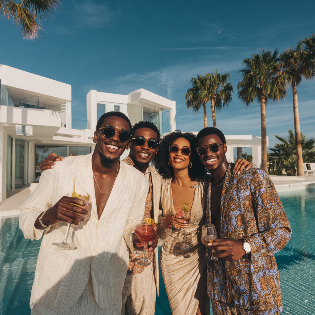 Groupe de cinq personnes souriantes portant des lunettes de soleil, tenant des cocktails, devant une piscine avec un arrière-plan de bâtiments modernes et palmier, par une journée ensoleillée.