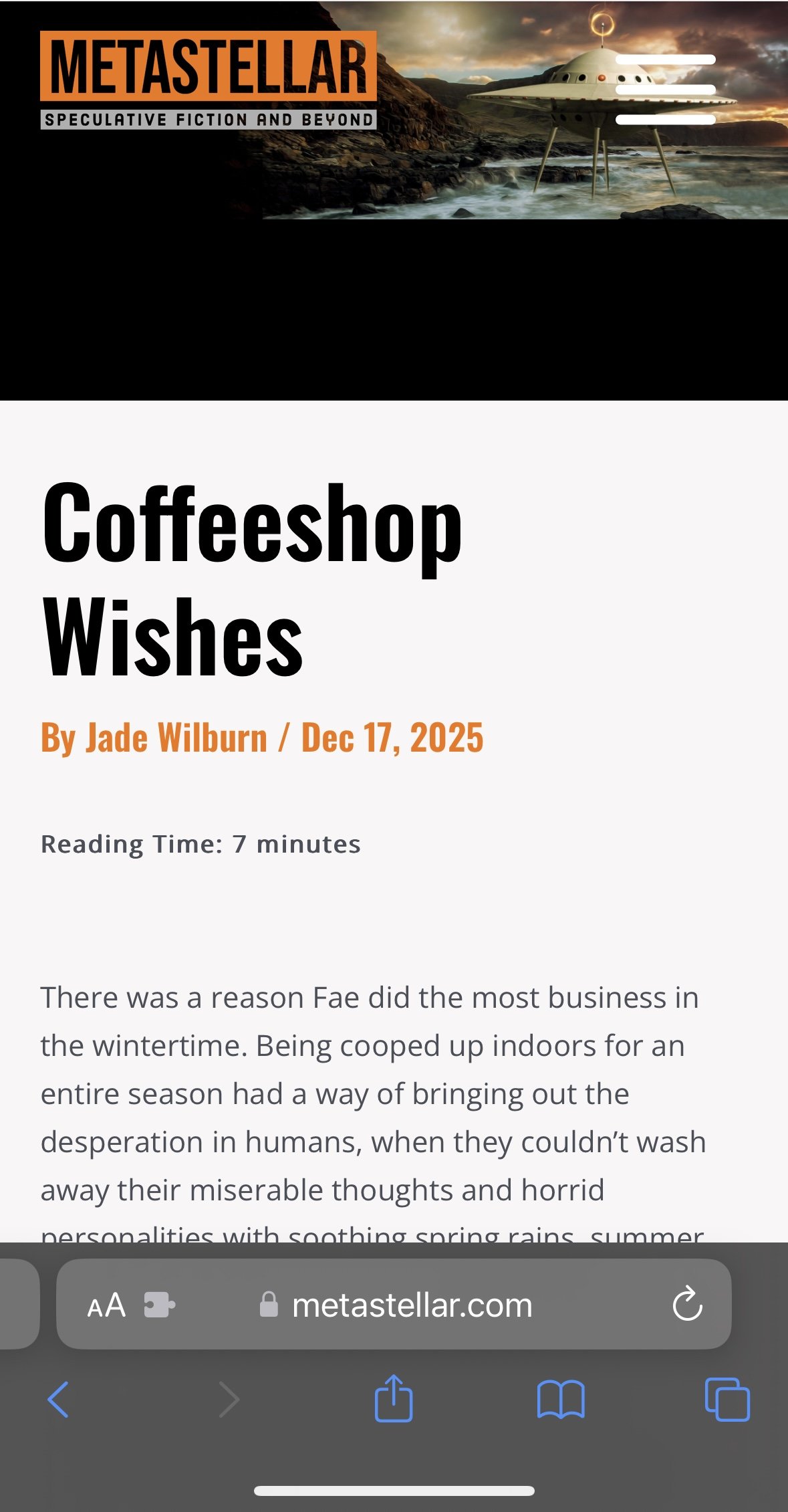 Screenshot of a webpage titled "Coffeeshop Wishes" by Jade Wilburn, dated December 17, 2025, with a 7-minute reading time. The webpage has a futuristic landing page with a science fiction theme, showing a UFO-like spaceship on a rocky shoreline under a cloudy sky with mountains in the background.