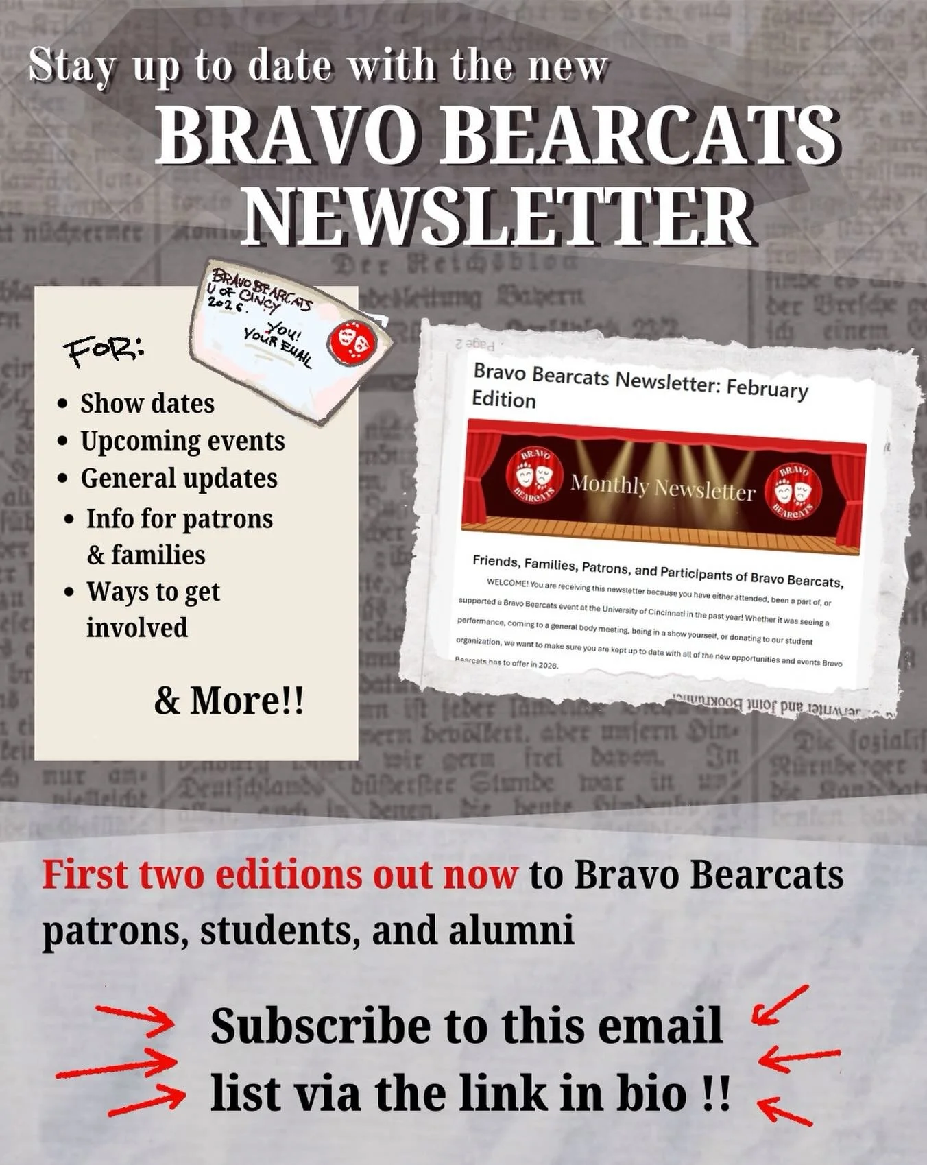 Check out our brand new monthly newsletter!! All of the latest Bravo Bearcats news in one convenient email!! Wow!! This is a great hub for friends and families of students to stay in the loop, and for students to be in the know about all upcoming eve