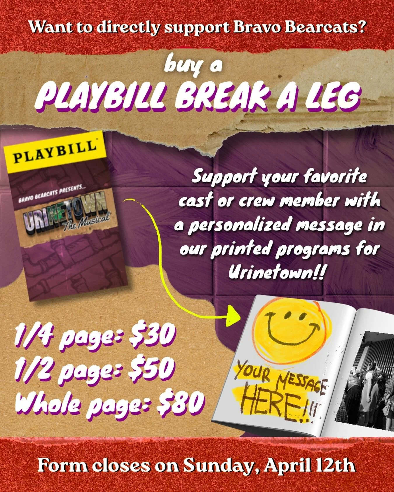 LINK IN BIO &bull; Do you want to support Bravo Bearcats directly AND your favorite cast/crew member of Urinetown at the same time? Consider sponsoring a break a leg page!!! These will appear throughout the pages of printed Bravo Bearcats playbills. 