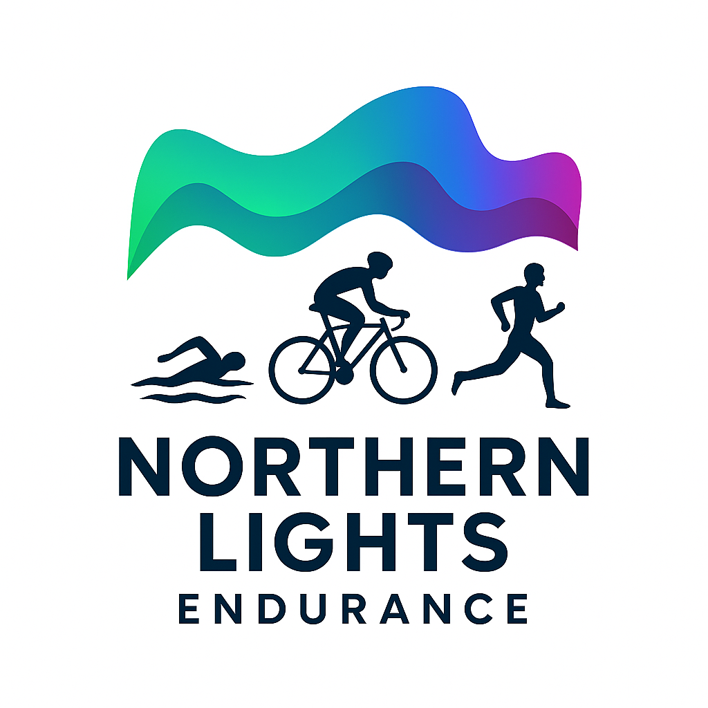 Graphic logo of Northern Lights Endurance featuring silhouettes of a swimmer, cyclist, and runner beneath a stylized wave with gradient colors, and the text "NORTHERN LIGHTS ENDURANCE".