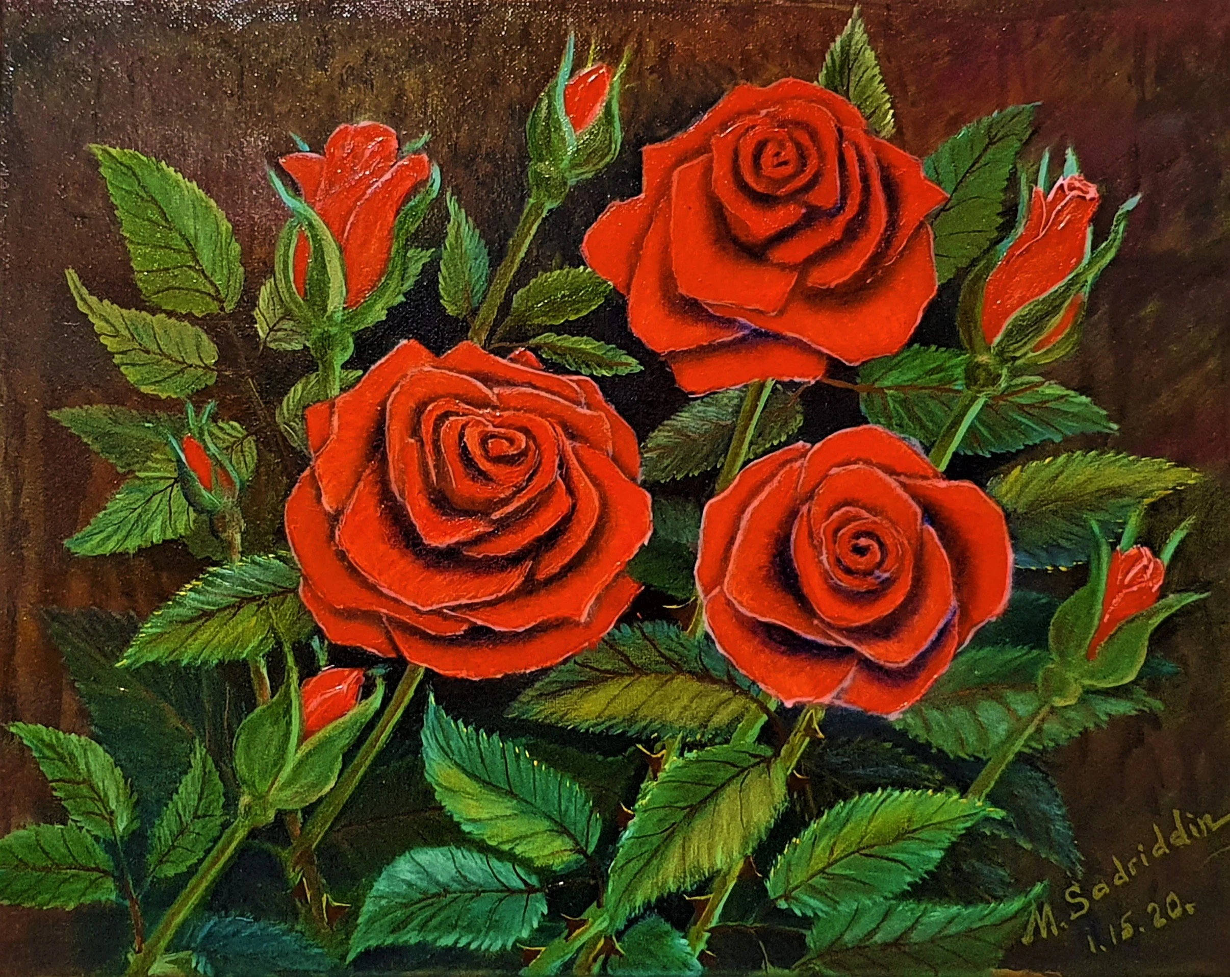 #151. Red roses. Oil. Stretched canvas. Size 16 x 20 x 0.6 inches..jpg