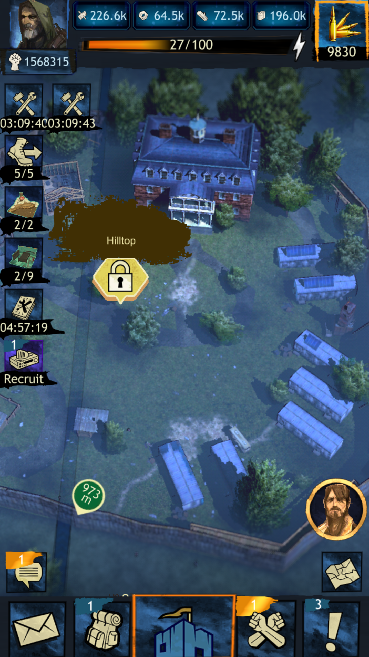 In-game screenshot of a map area called 'Hilltop' in a survival game, showing buildings, trees, user interface icons, resources, and character icons around the map.