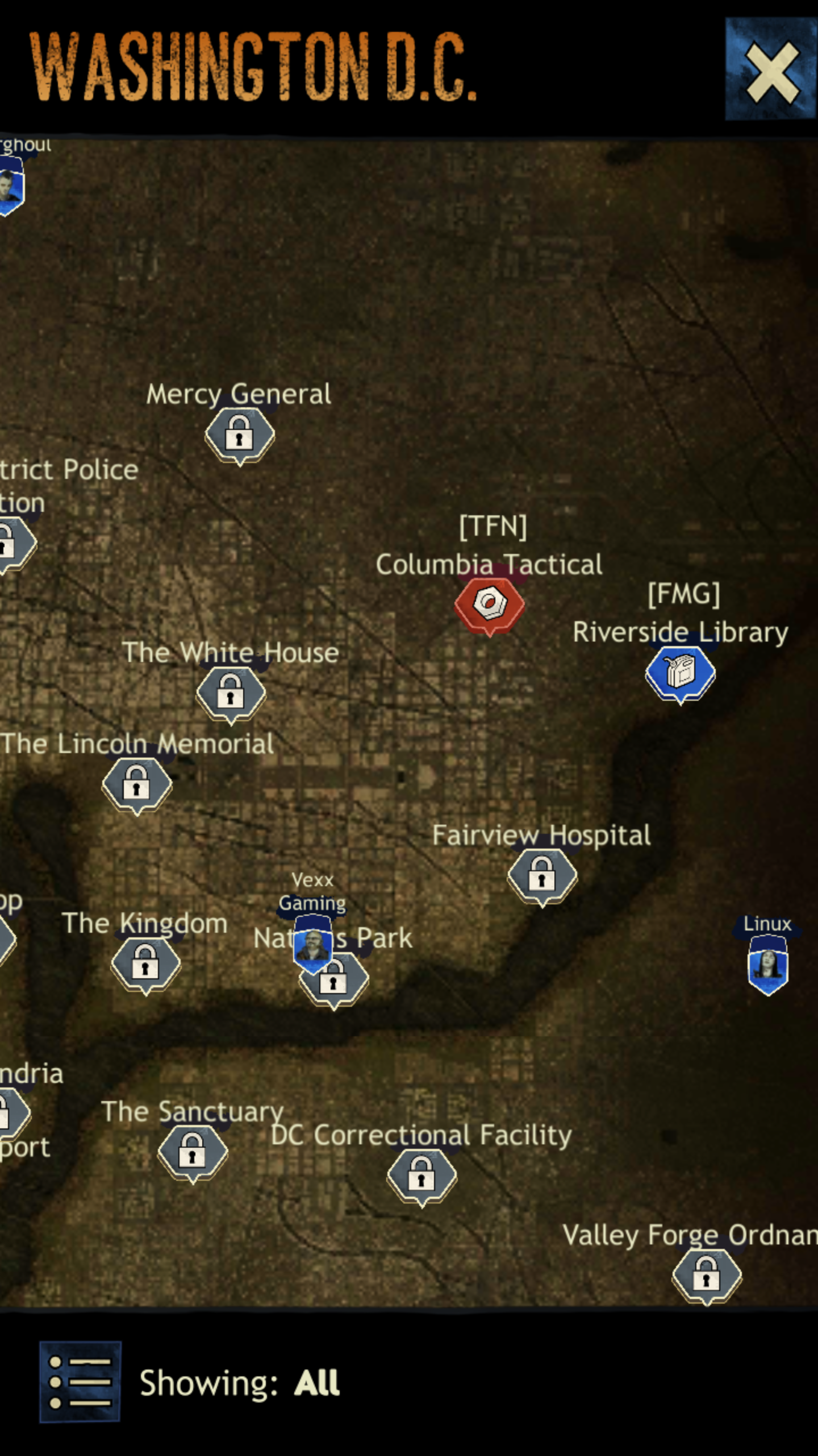 Map of Washington D.C. with icons indicating government buildings, police stations, military and library locations, and gaming points, over a brown and black background.
