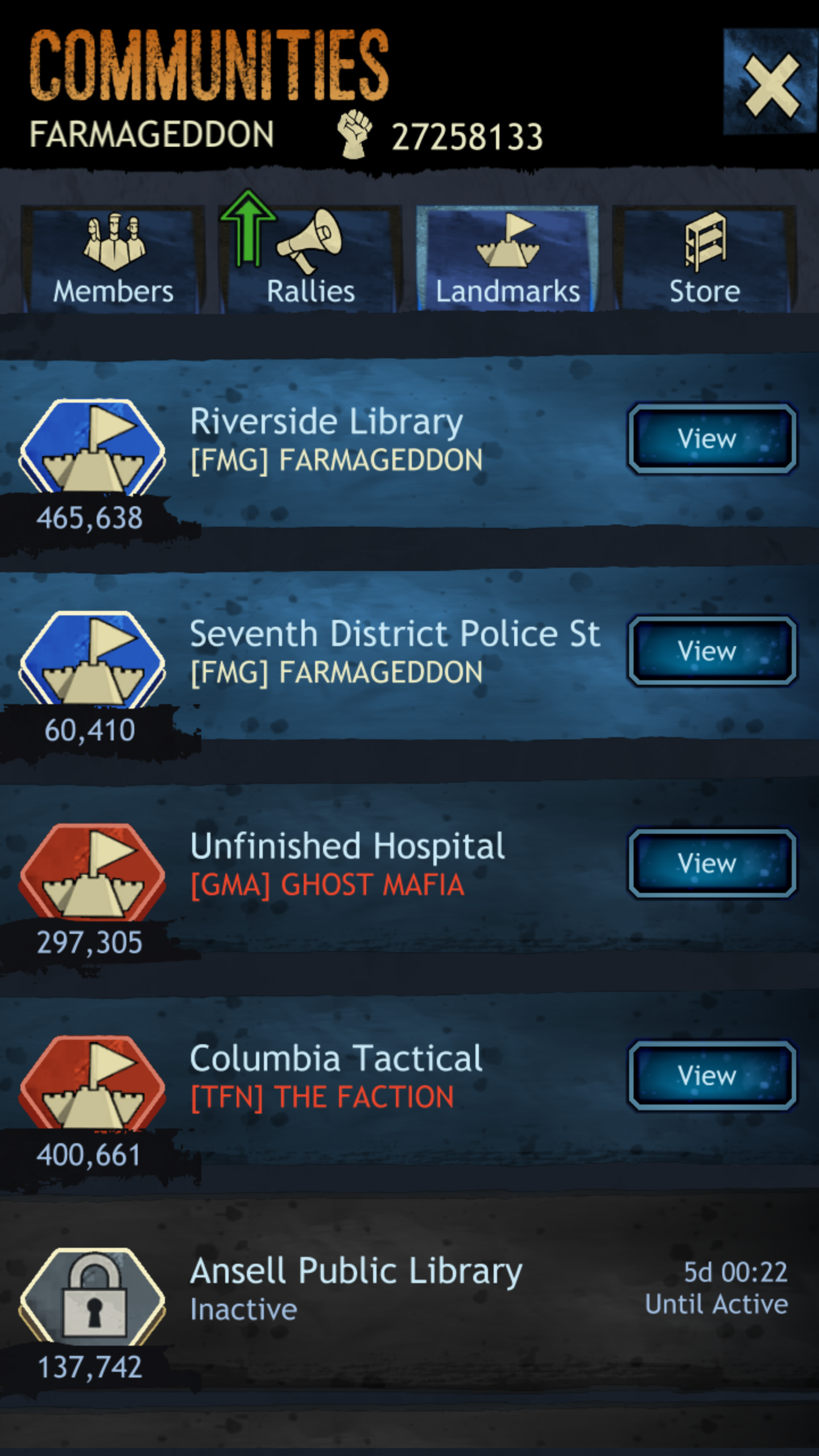 Screenshot of a mobile game interface showing different factions and their member counts under 'Communities,' with a focus on 'Farmageddon' and other groups such as 'GHOST MAFIA' and 'THE FACTION.'