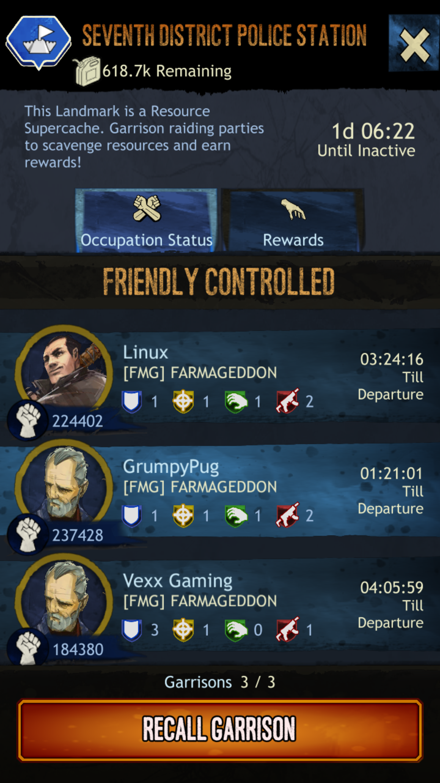 Screenshot of the game interface showing the Seventh District Police Station as a resource supercache with a countdown for inactivity. It features three friendly controlled garrison characters (Linux, GrumpyPug, Vexx Gaming) from the FMG FARMAGEDDON 