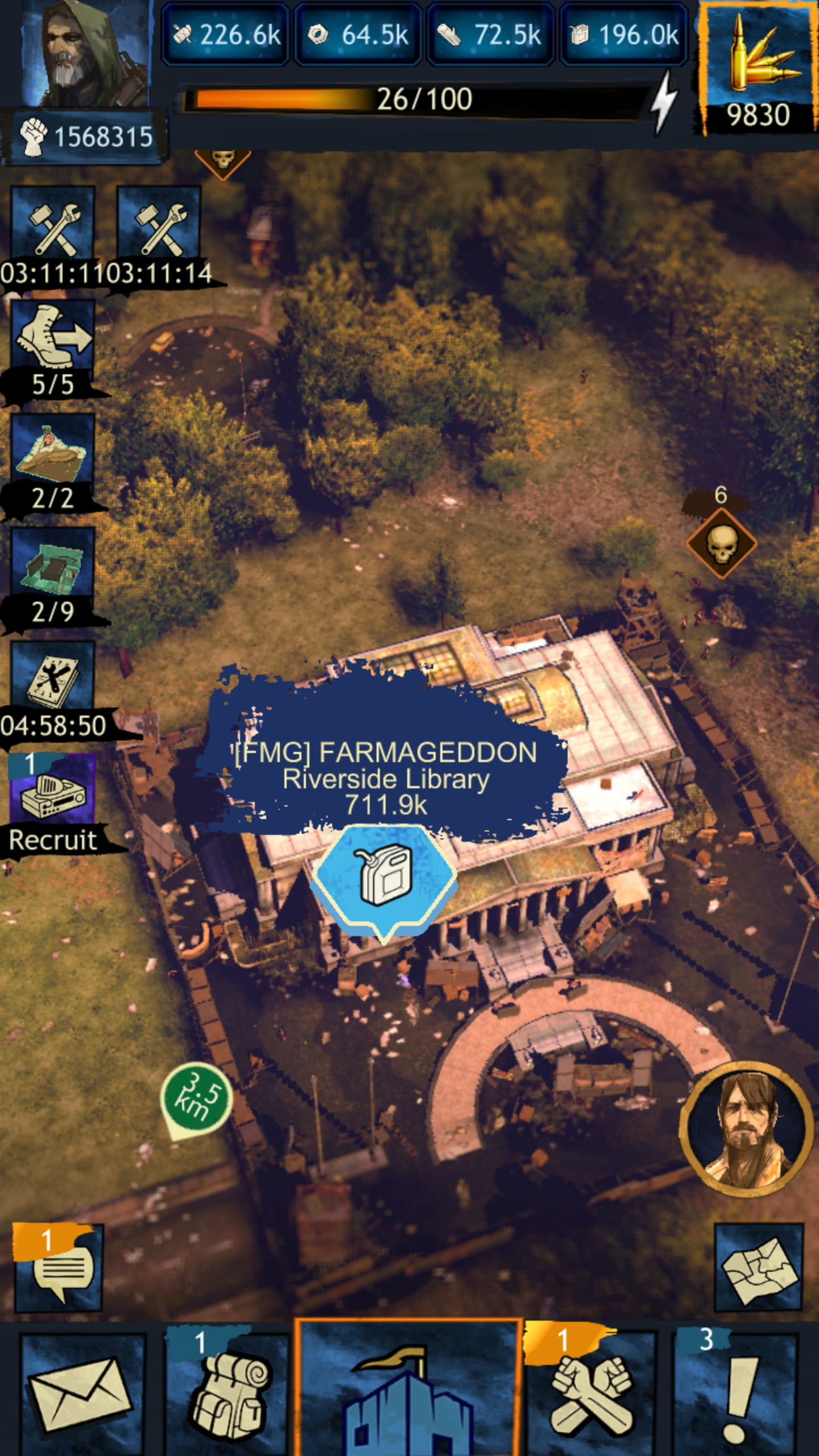 Screenshot from a strategy game showing a location called FARMGEDDON Riverside Library with a population of 711.9k, surrounded by a variety of game interface icons, resources, and a mini-map.