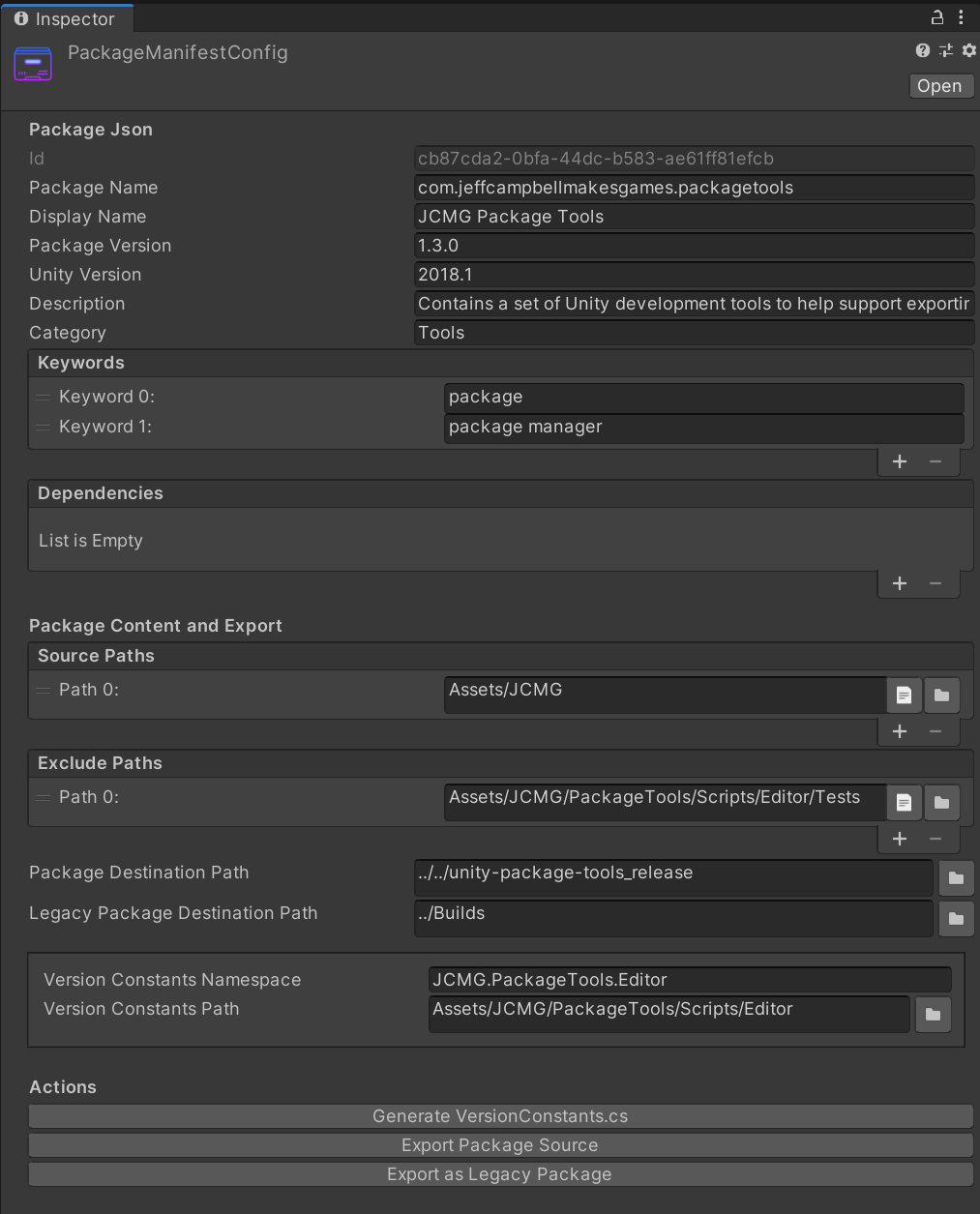 Screenshot of a software interface showing the PackageManifestConfig settings for Unity package tools, including package details, keywords, dependencies, source paths, and export options.