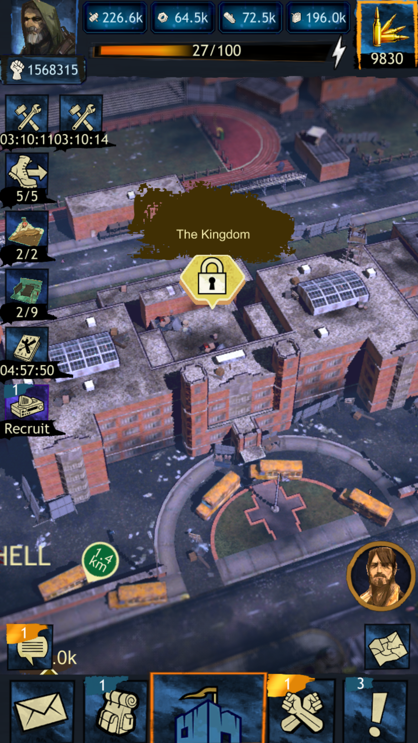 A nighttime view inside a video game showing a partially destroyed large brick building labeled 'The Kingdom' with a lock icon. The screen displays various game resources at the top, including supplies, currency, and units. Several icons and counters