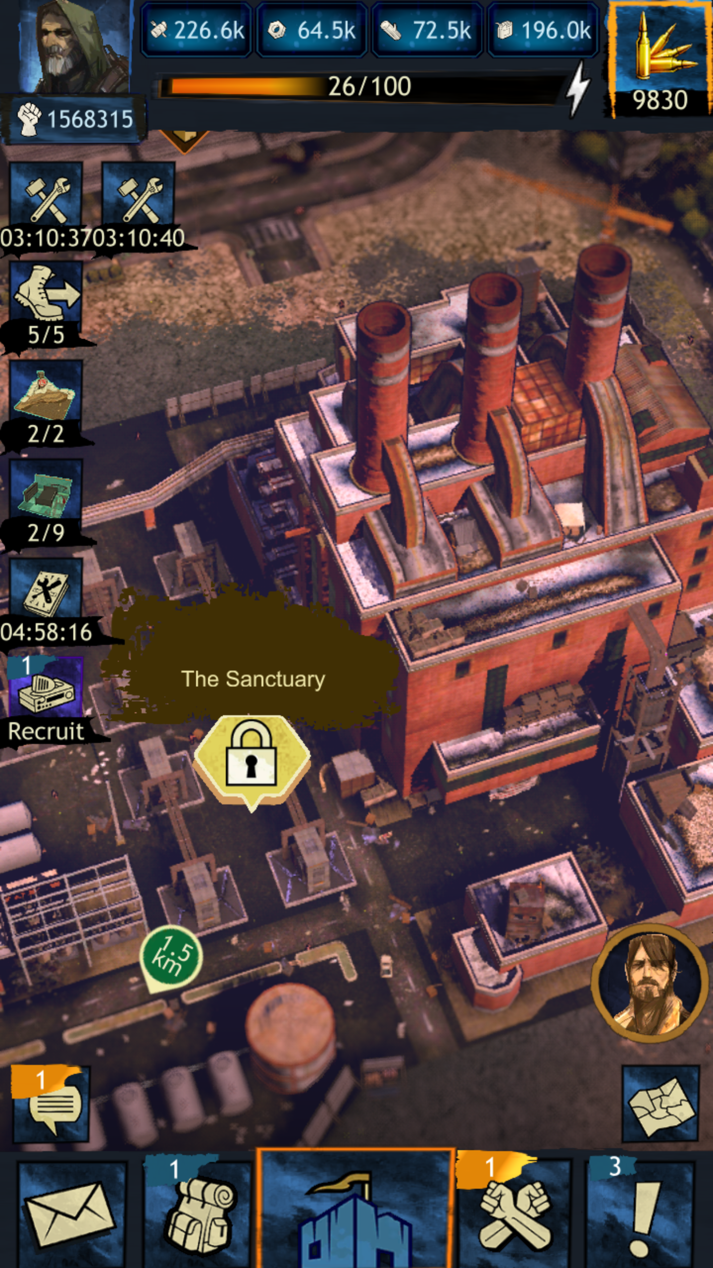 Screenshot from a mobile game showing a military or survival setting with a large factory building under the label "The Sanctuary," surrounded by smaller structures, resources, and interface icons for actions, recruits, and supplies.