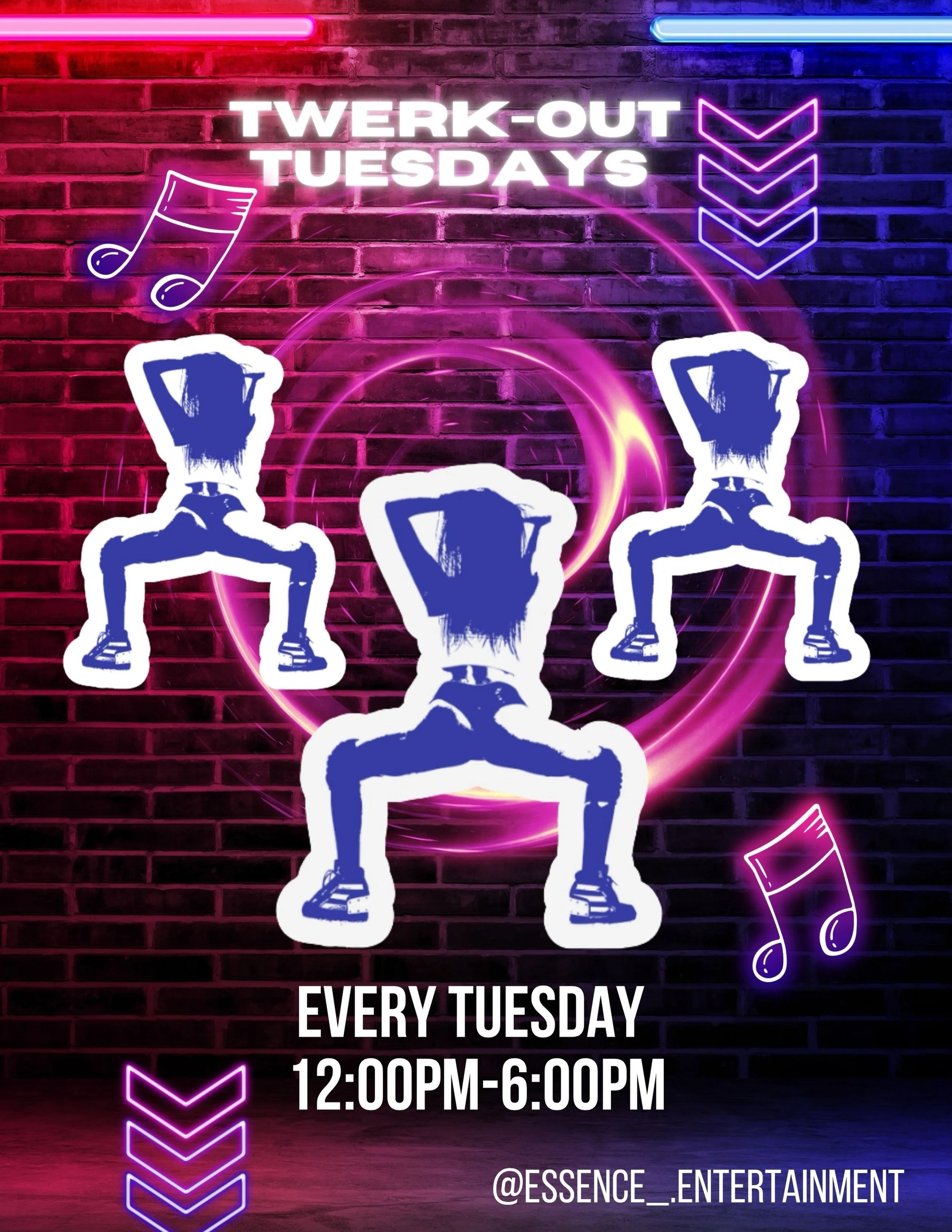 🍑✨ TWERK IT TUESDAYS ✨🍑

Every Tuesday | 12:00 PM &ndash; 6:00 PM

Ready to shake, sweat, and slay? Join us for Twerk It Tuesdays and bring the energy! Whether you&rsquo;re a beginner or a seasoned pro, this is your time to build confidence, learn 