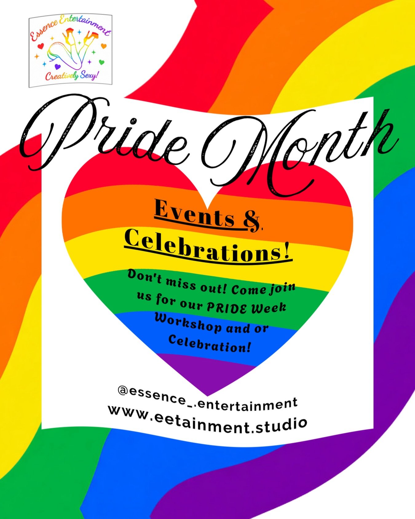 🌈 PRIDE WEEK IS HERE! 🌈

Get ready to celebrate confidence, self-expression, and community with an unforgettable week of movement, empowerment, and fun at Essence Entertainment!

Dance With PRIDE! 

✨ Day 1: Twerk Dat Tuesday
✨ Day 2: Werk It Wedne