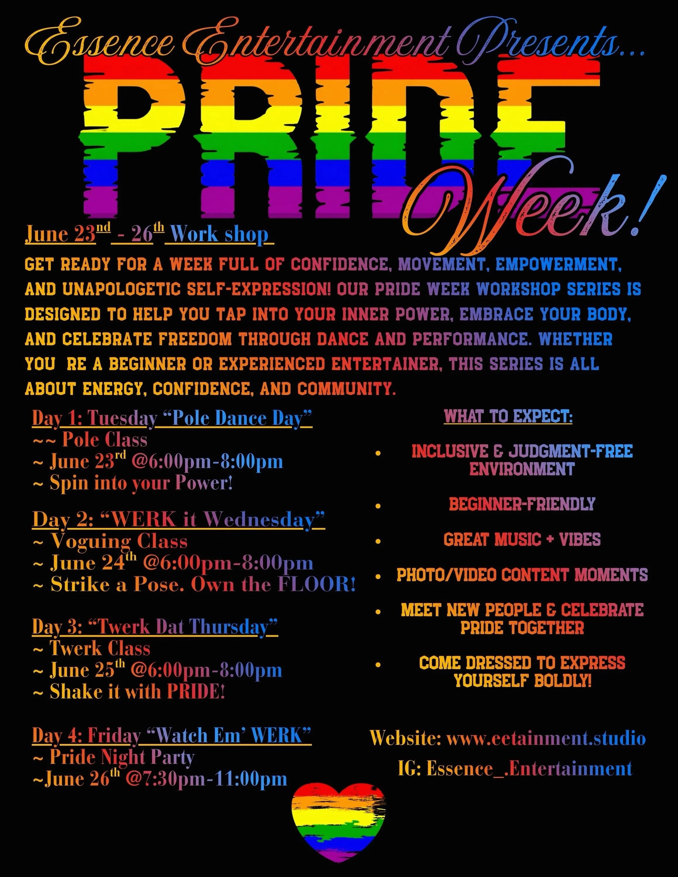 🌈 PRIDE WEEK IS COMING TO ESSENCE ENTERTAINMENT! 🌈

🔗: in Bio!^

Get ready to move, express yourself, and celebrate YOU during our 4-day Pride Week Experience!

✨ June 23rd &ndash; Twerk Dat Tuesday
✨ June 24th &ndash; Werk It Wednesday (Vogueing 