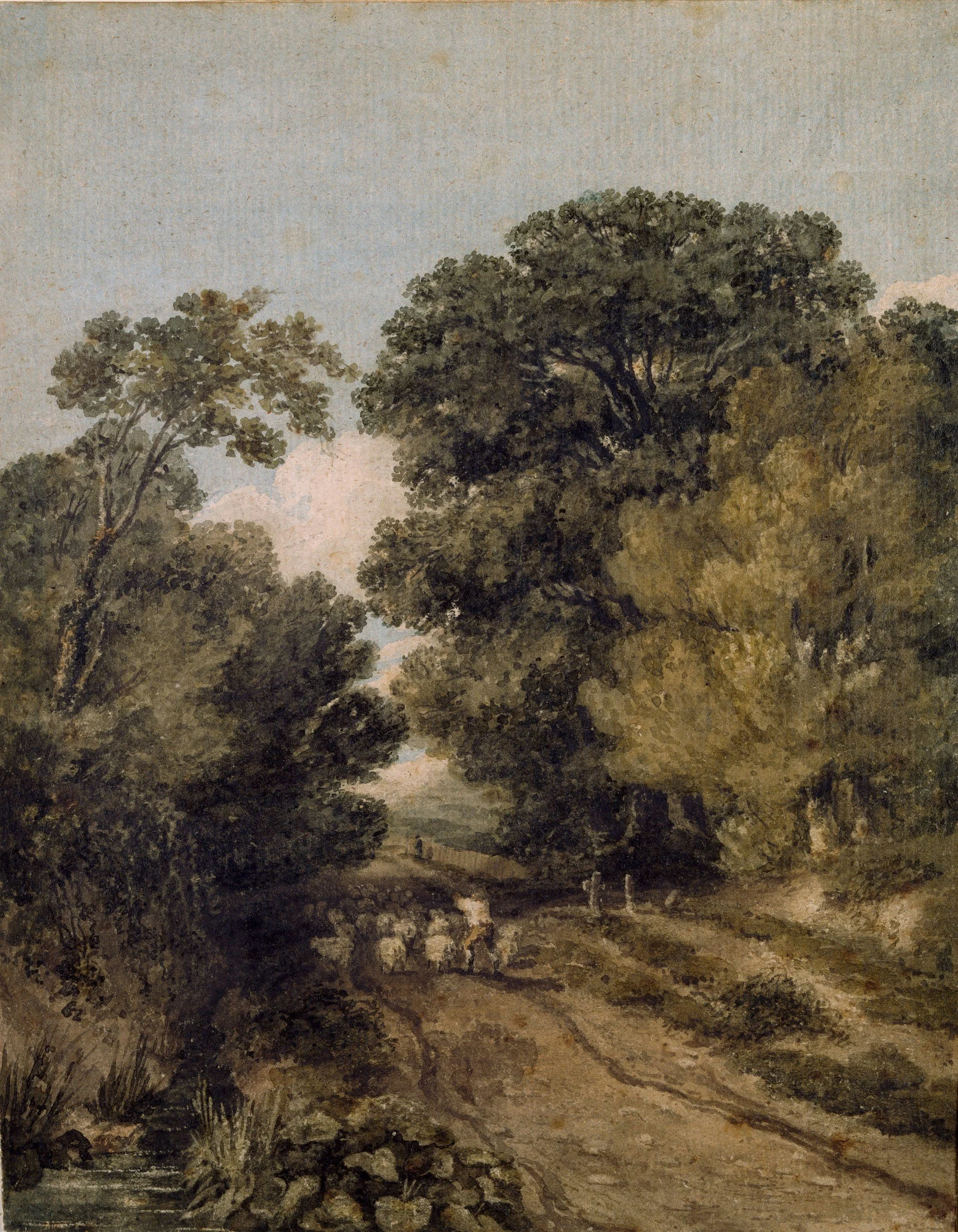 A landscape painting of a dirt road winding through lush green trees with a person and a dog walking in the distance.