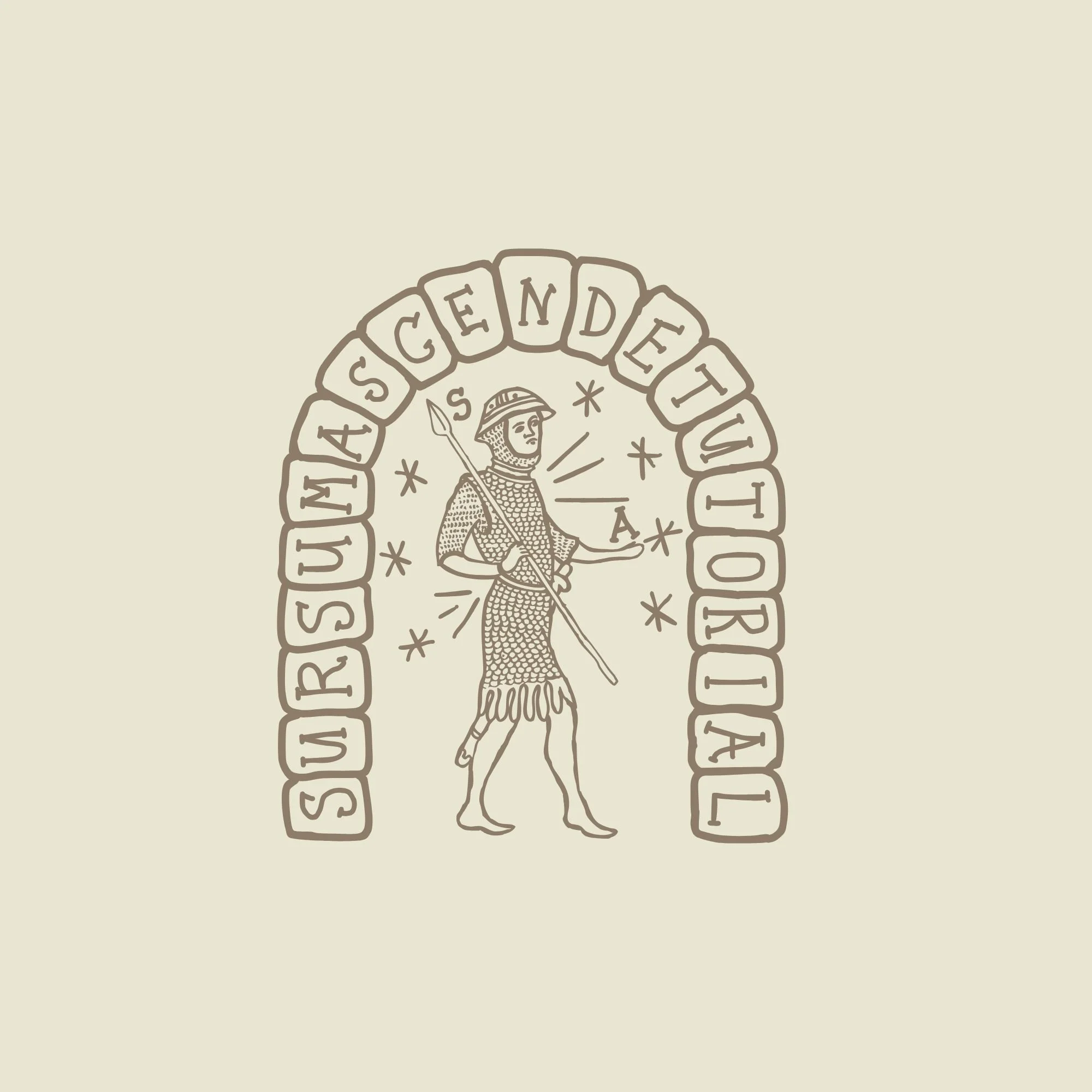 Illustration of a medieval soldier with a spear, standing within an arch of stone blocks that spell out 'Sursum Ascende Tutorial"