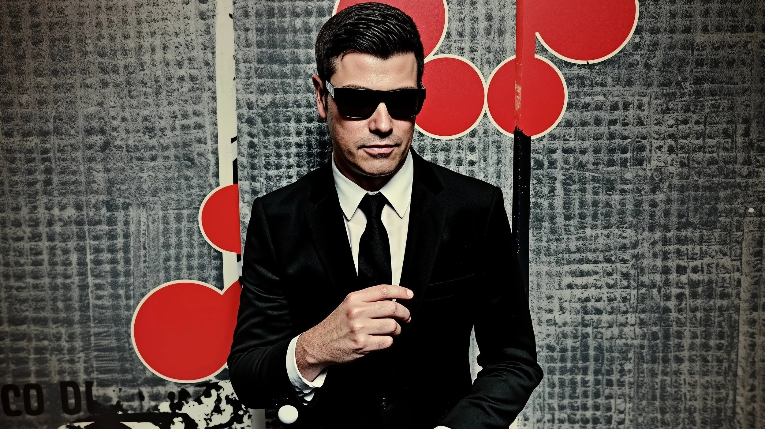 Man dressed in a black suit with a white shirt, black tie, and oversized black sunglasses, standing against a textured wall with red circular designs.