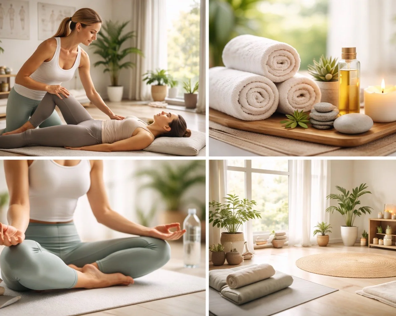 Collage of images related to wellness and relaxation: top left shows a woman receiving a massage, top right displays rolled towels, stones, and essential oils on a tray, bottom left depicts a woman practicing meditation, and bottom right features a serene room with plants, folded towels, and candles.