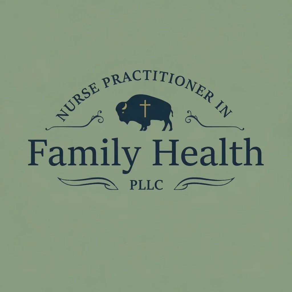 Logo for Family Health PLLC featuring a buffalo with a cross on its side, with the text 'Nurse Practitioner in Family Health'.