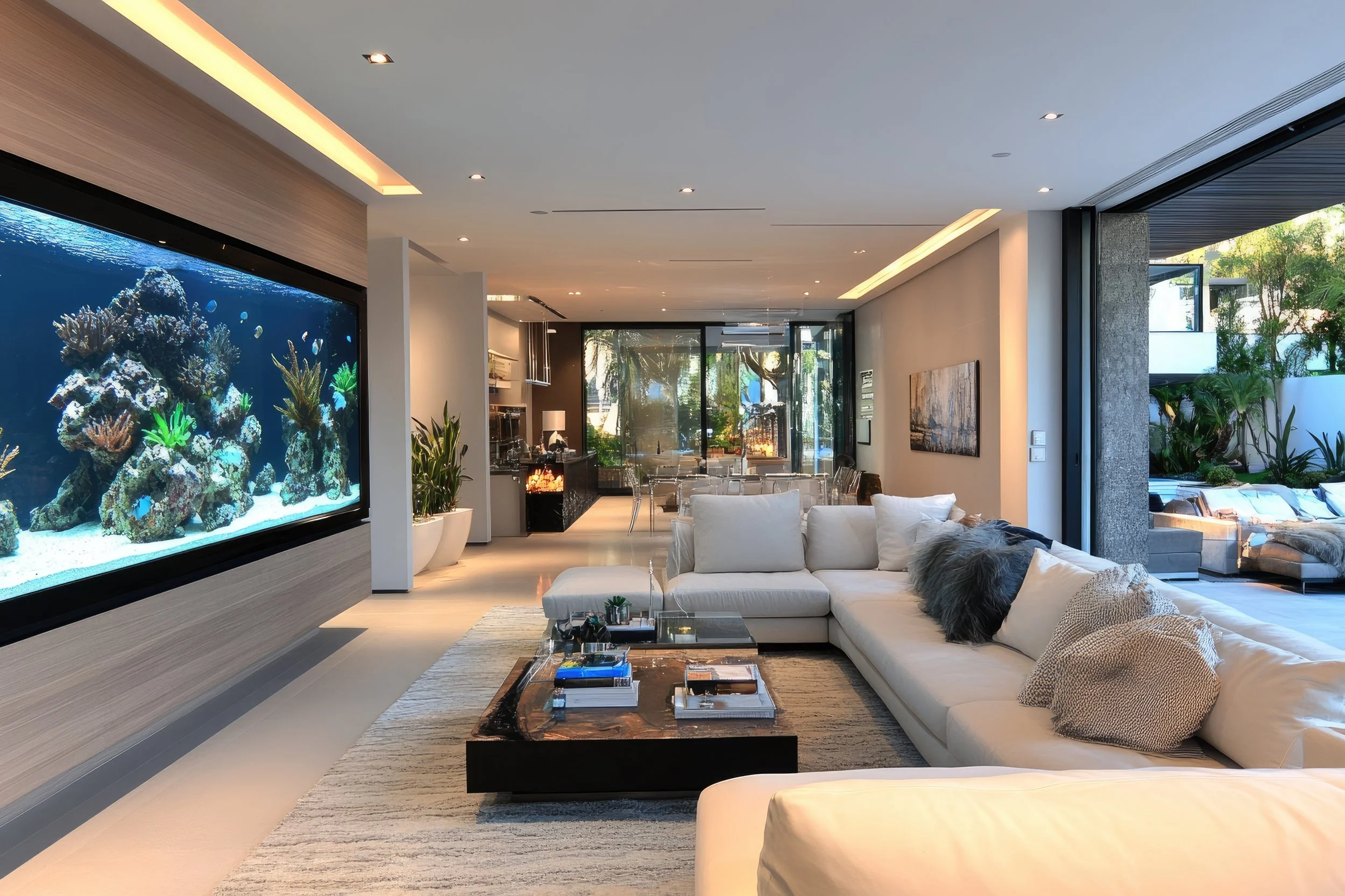 Modern living room with a large built-in aquarium, white sectional sofa with pillows, glass coffee table with books, and an outdoor patio visible through open sliding doors.