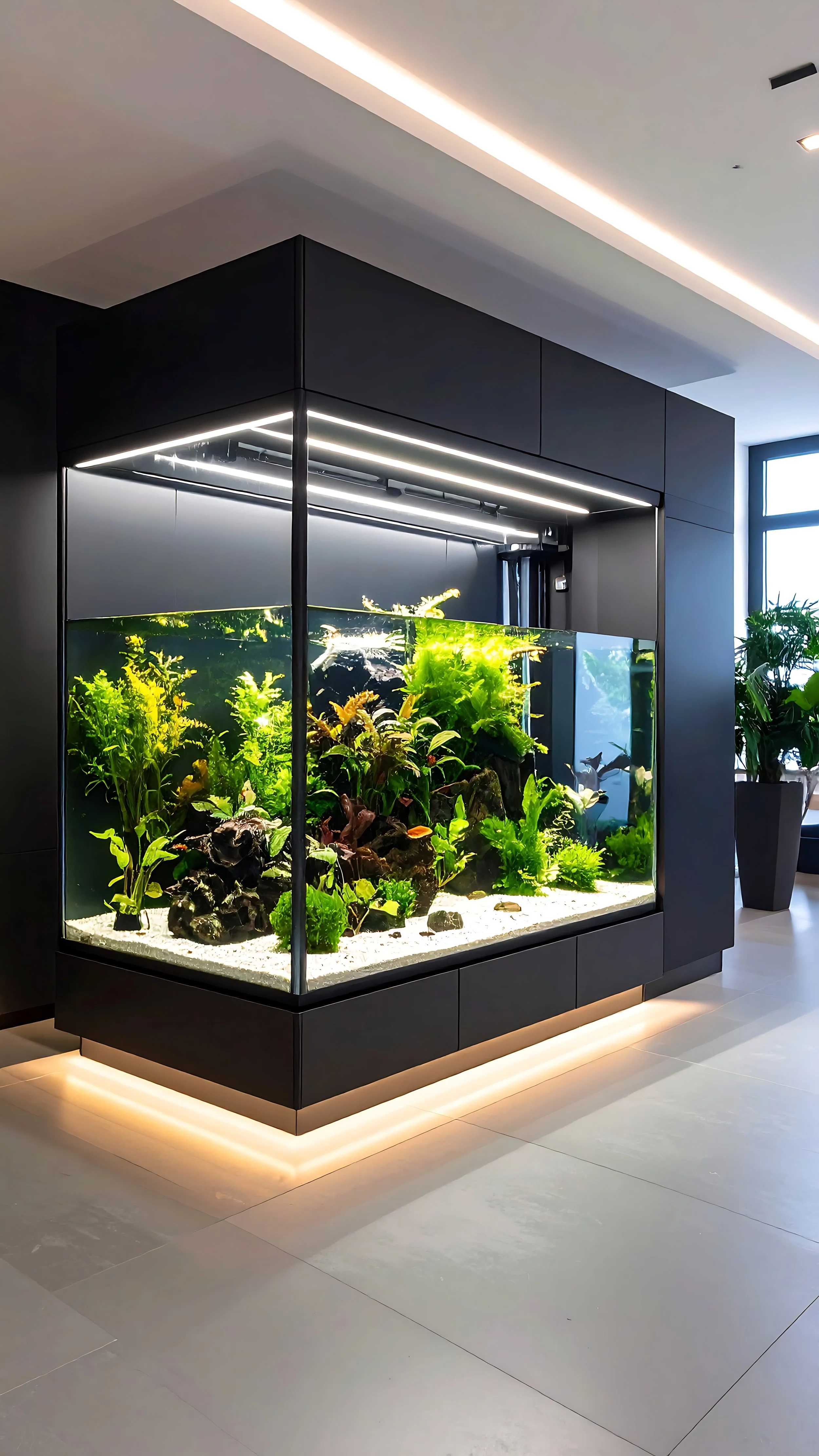 Modern indoor aquarium with green aquatic plants and decorations inside a black frame, illuminated by overhead lighting in a contemporary room with large windows and potted plants.