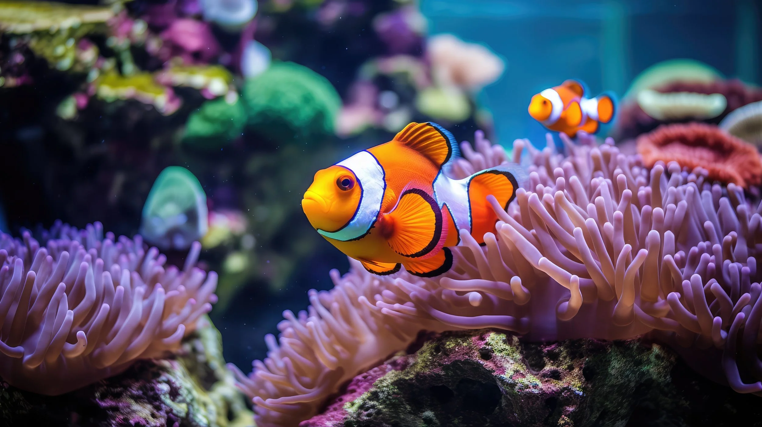 Colorful clownfish swimming among purple sea anemones in an underwater coral reef