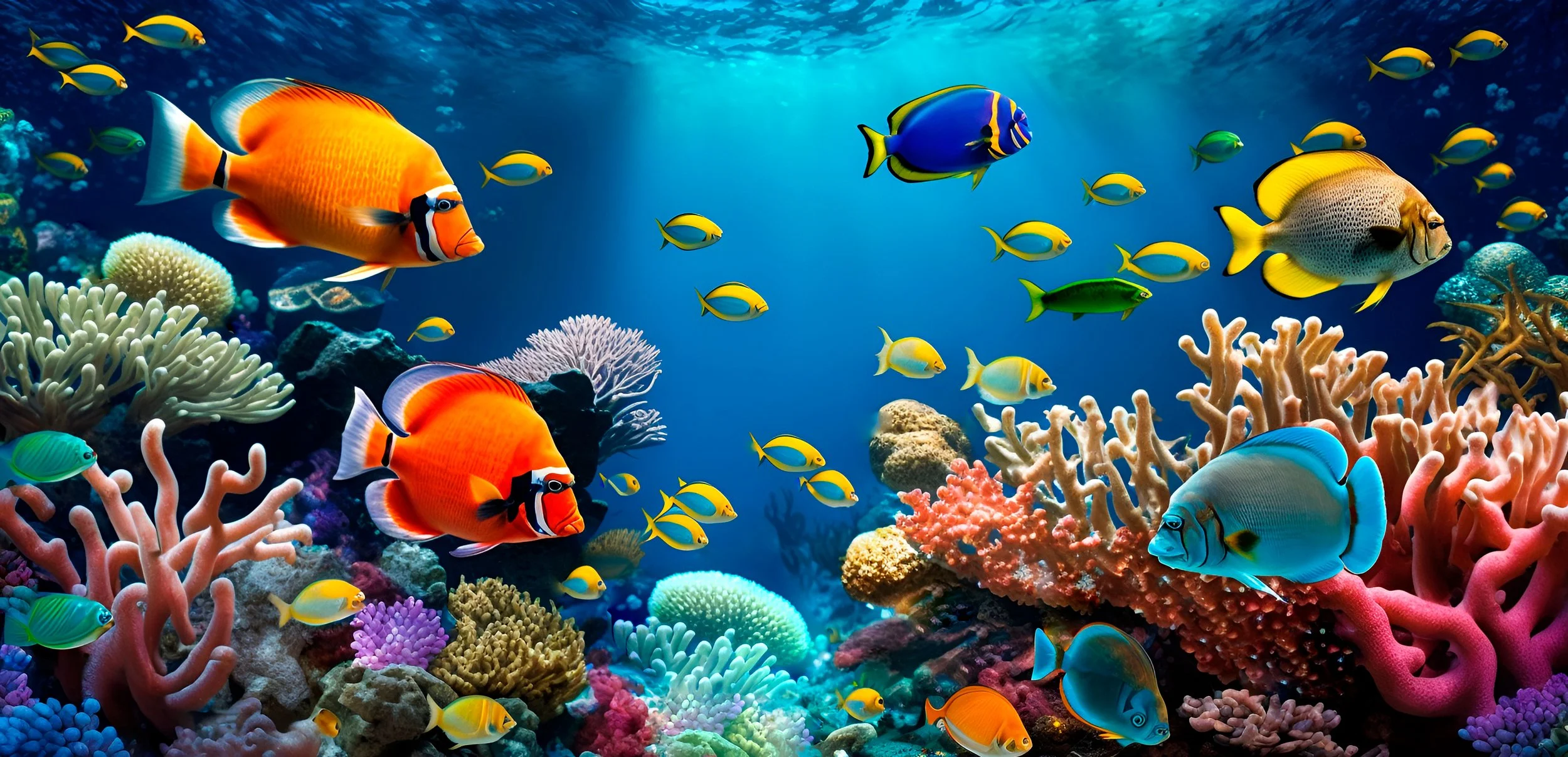 Colorful underwater scene with various species of fish swimming around coral reefs and sea anemones.