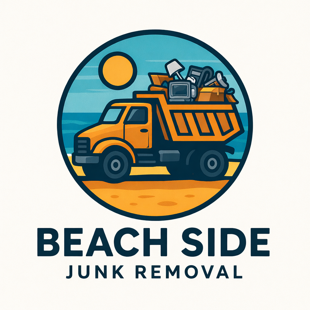Logo for Beach Side Junk Removal with a yellow truck filled with junk, a beach background, and a sun in the sky.