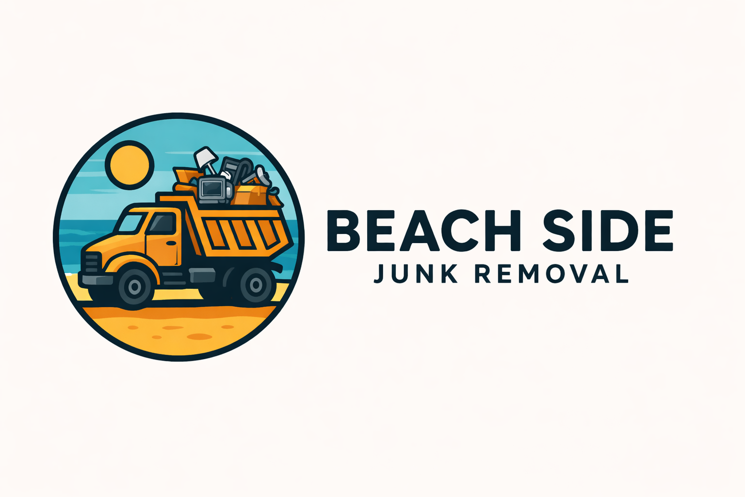 Logo of Beach Side Junk Removal featuring a yellow truck filled with junk on a beach with a sun in the sky, and the company name next to it.