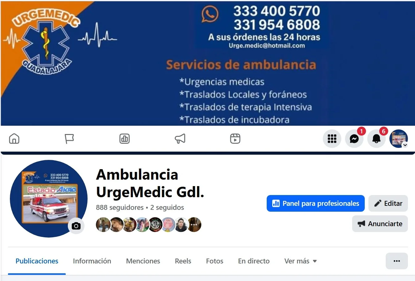 Una imagen del logotipo de UrgeMedic Guadalajara y un ejemplo de servicio de ambulancia. También muestra detalles de contacto y una lista de servicios como urgencias médicas, traslados locales y foráneos, terapia intensiva y traslado de incubadora.