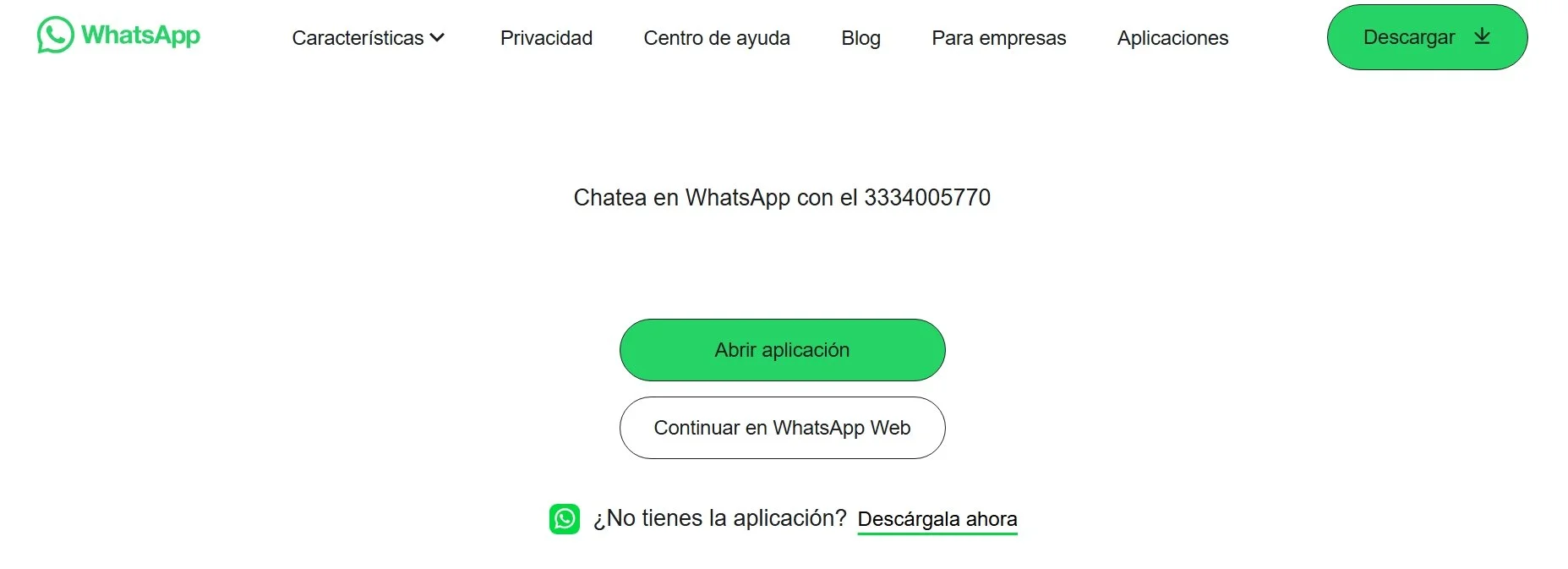 Página web de WhatsApp con opciones para abrir la aplicación, continuar en WhatsApp Web