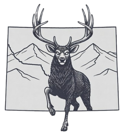 Illustration of a deer with large antlers in front of mountains, on a rectangular background.