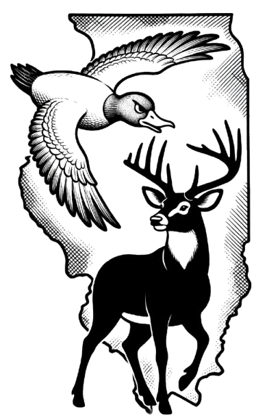 A stylized black and white illustration of a bird flying above a deer with antlers.