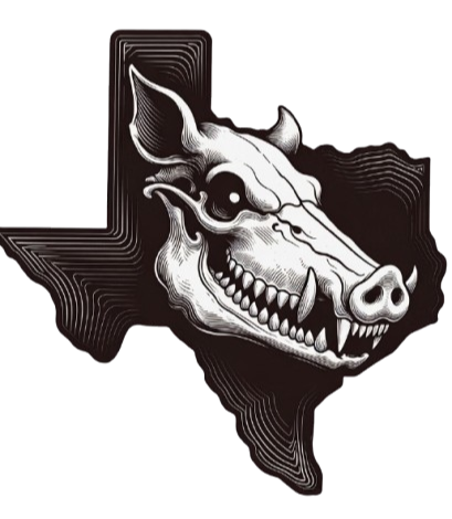 Black and white illustration of a wolf's skull with sharp teeth, against a contrasting background.