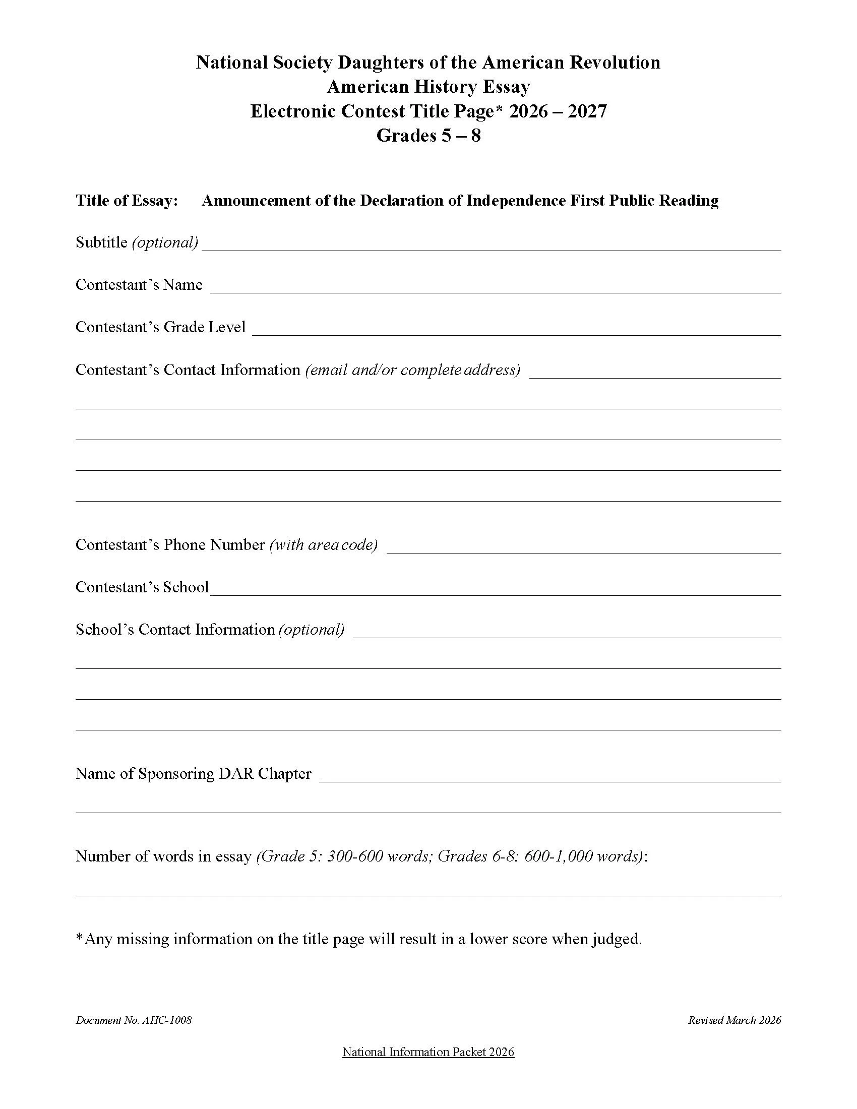 Required title page for submission
