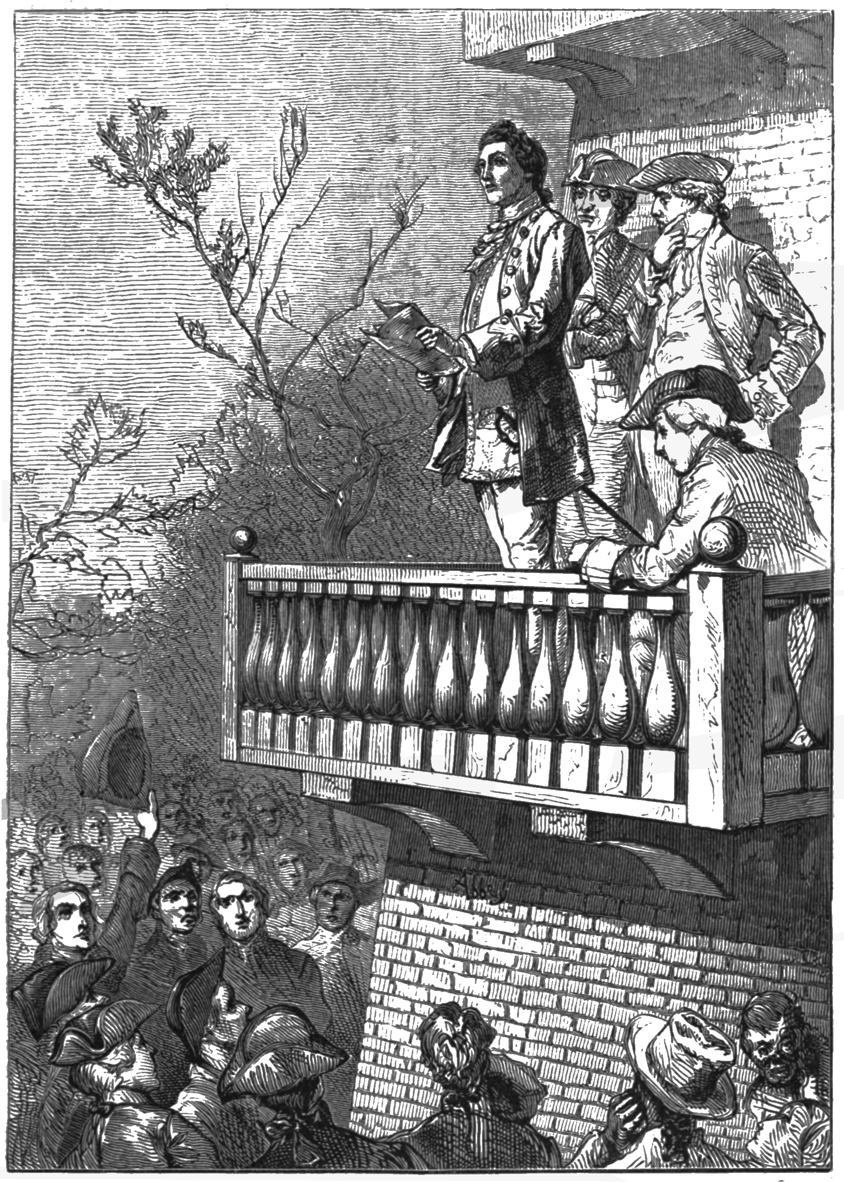 An illustration of a historical scene with a man standing on a balcony, speaking to a crowd below. The man has curly hair, is dressed in historical attire, and holds a book or paper. Behind him is a brick wall. The crowd consists of men and women, some wearing hats, listening attentively. There is a tree with leaves and a lamp post also visible in the scene.