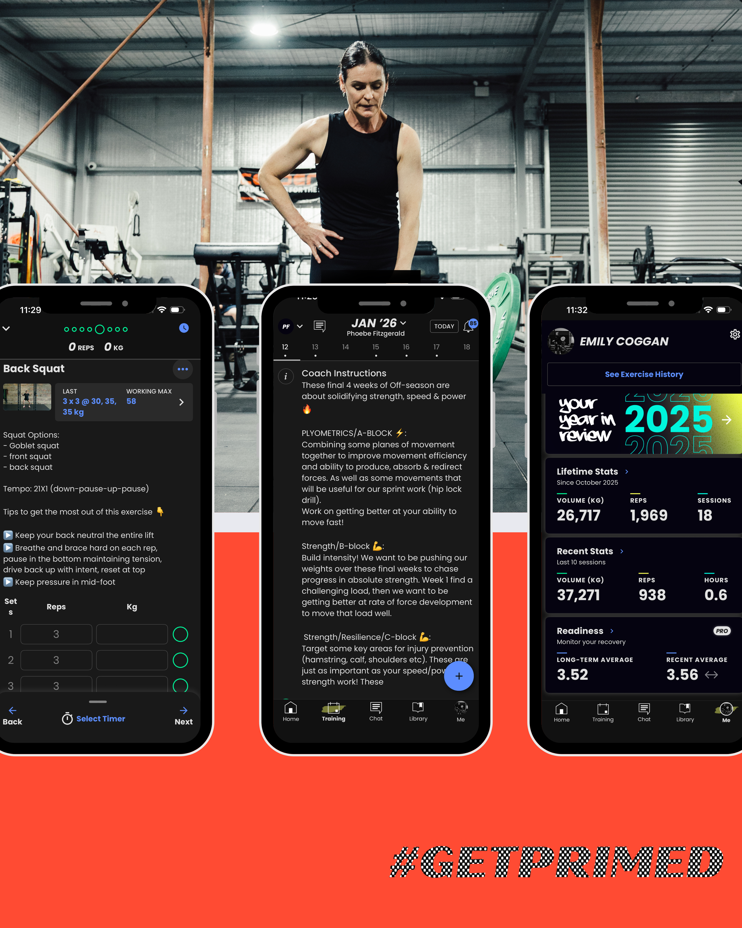 A woman in a gym standing with her hand on her waist, wearing a black tank top. Below her, three smartphone screens display workout and fitness tracking apps with exercise details, instructions, and stats, with a red background and the hashtag '#GETPRIMED' at the bottom.