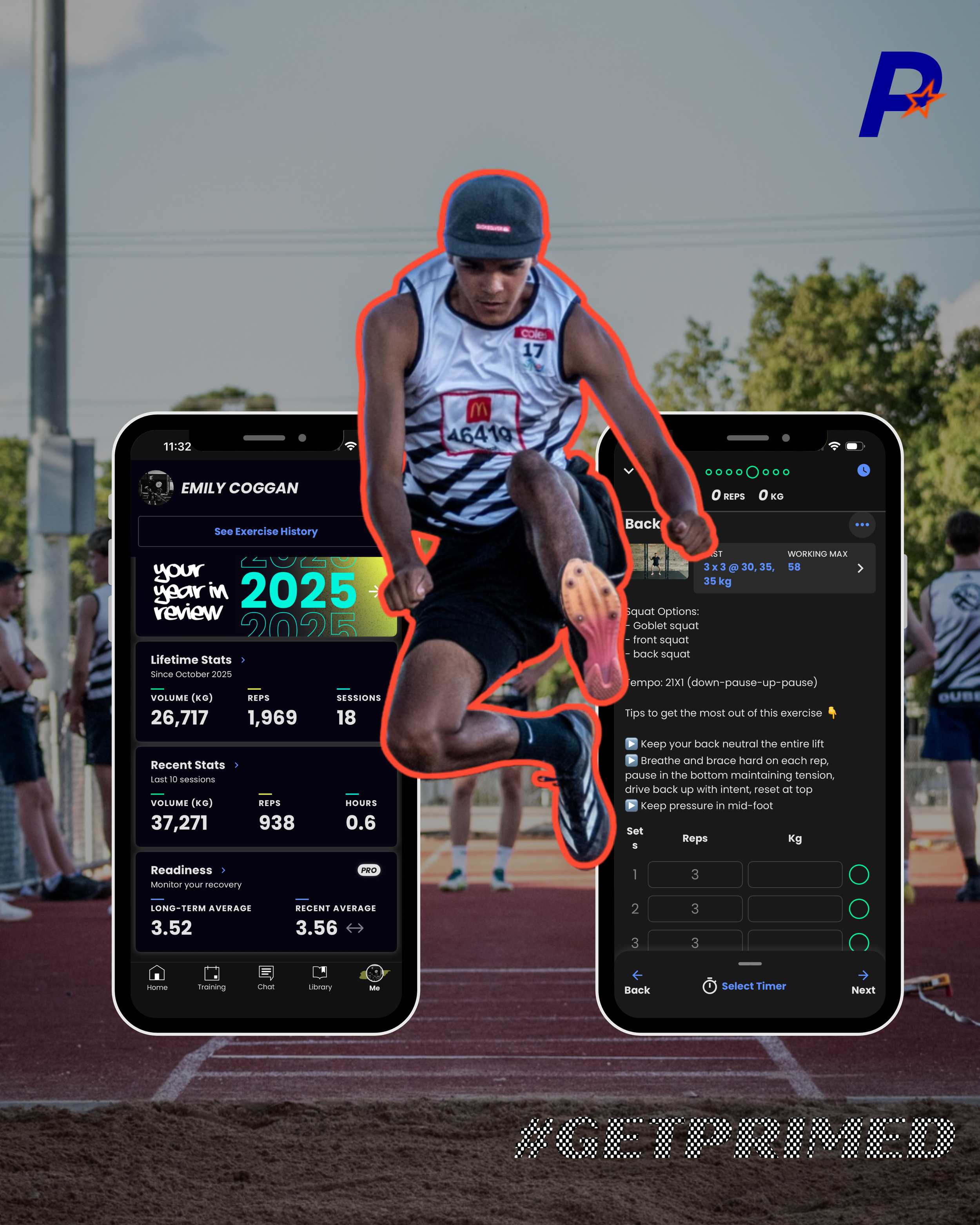A male athlete in a black and white striped uniform is jumping during a track and field event, with two smartphones displaying fitness tracking apps in the background. The scene is outdoors at a track and field stadium, with other athletes and spectators visible. The image includes a hashtag reading '#GETPRIMED' at the bottom.