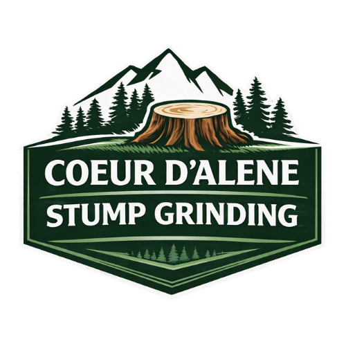 Logo for Coeur d'Alene Stump Grinding featuring mountains, trees, and a tree stump in a badge shape.