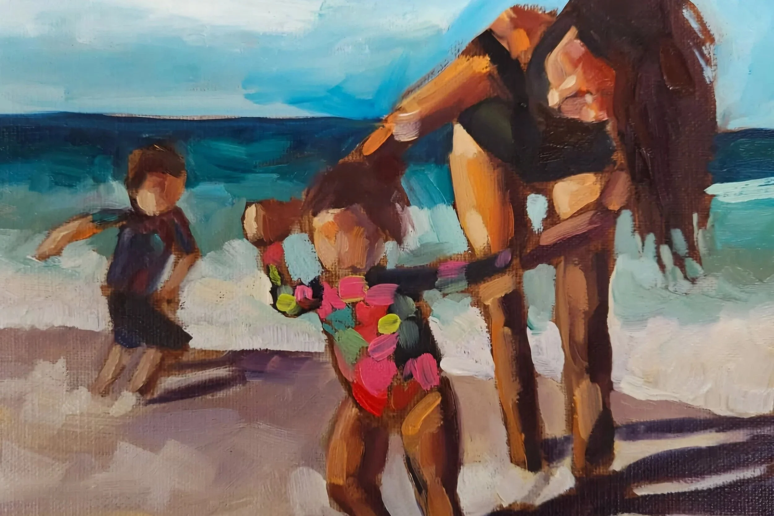 An impressionistic painting of a woman and children on the beach. The woman is bending over a bright pink and green bucket, wearing a black swimsuit with long brown hair. There are two children in the background; one closer to the woman and another f