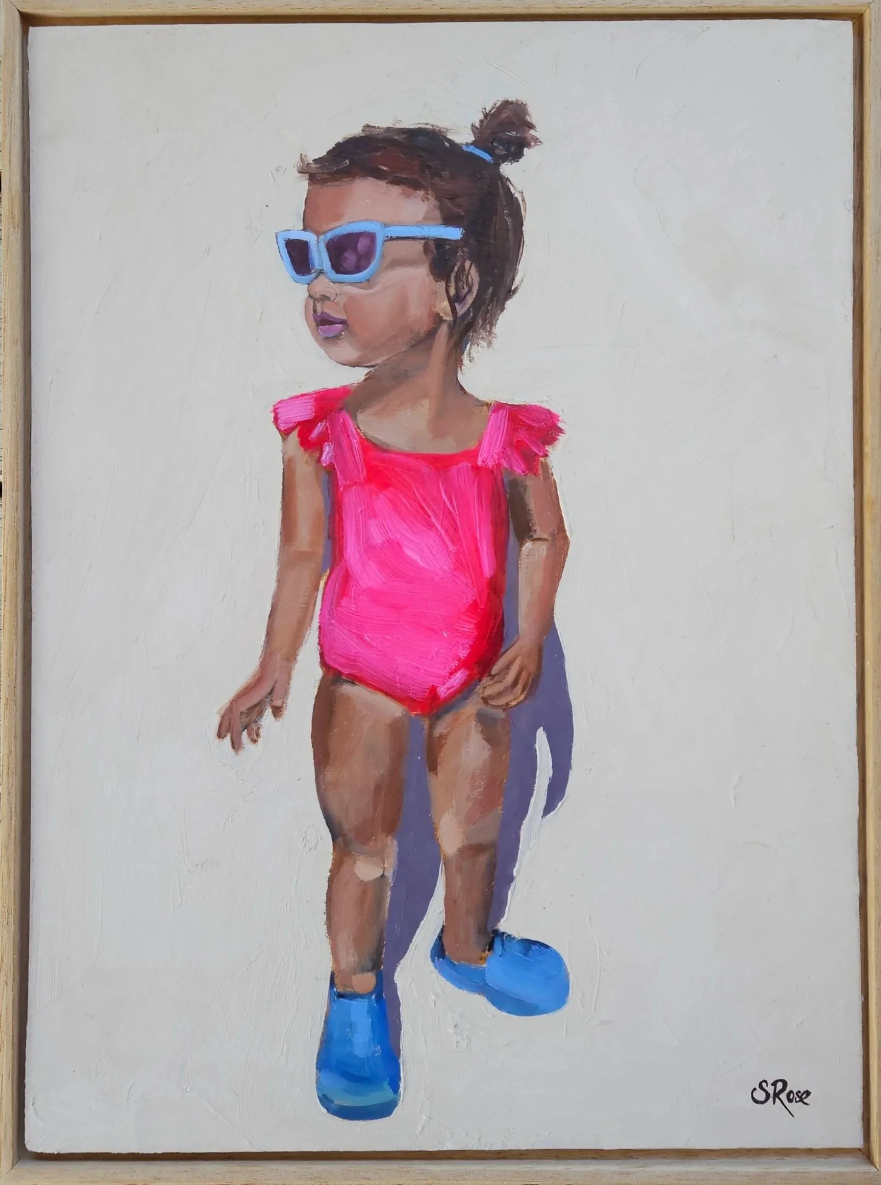 Painting of a young girl with dark hair in a bun, wearing pink swimsuit, blue sunglasses, and blue shoes, standing against a white background.