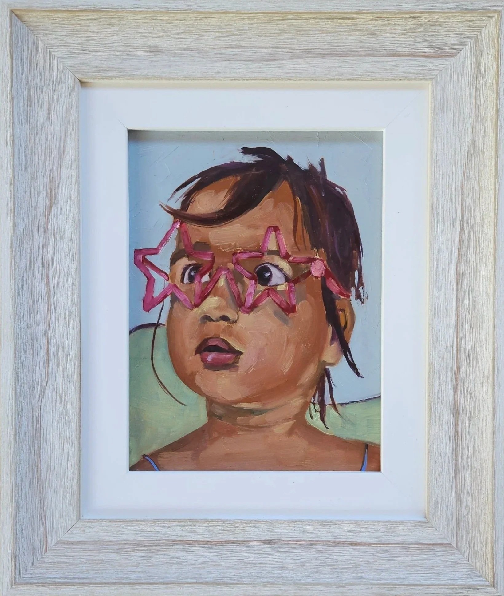 Painting of a young girl with short dark hair, wearing pink star-shaped glasses, looking surprised or curious.