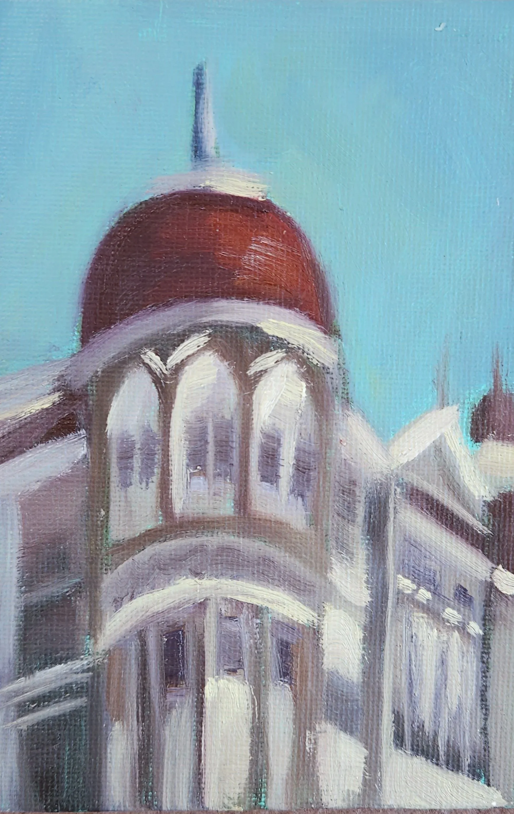 Oil painting of a building with a large central dome, painted with broad brushstrokes and a light blue sky background.