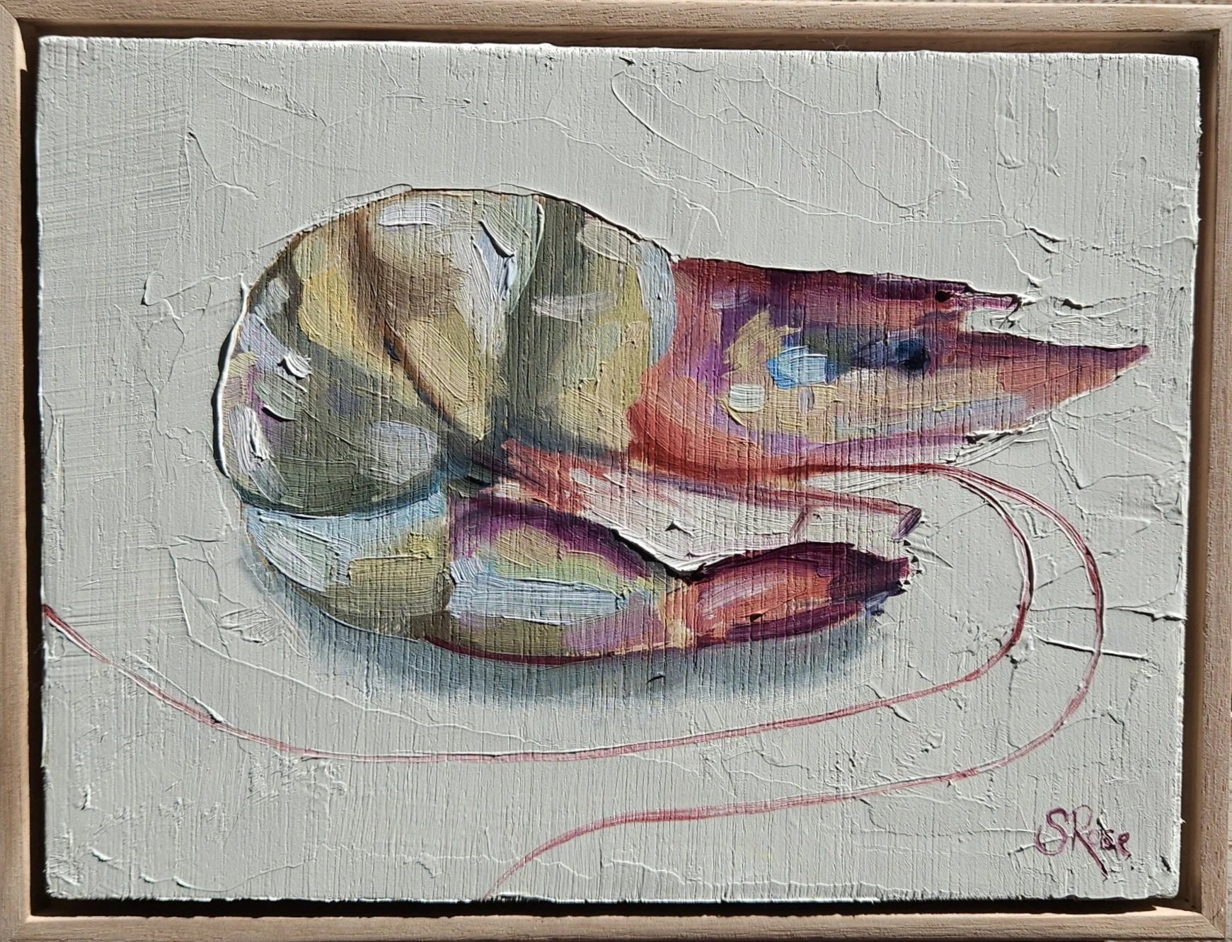 An abstract still life painting of green and beige olives on a white textured background with a sliced clam shell, purple and blue highlights, and red lines on the surface.